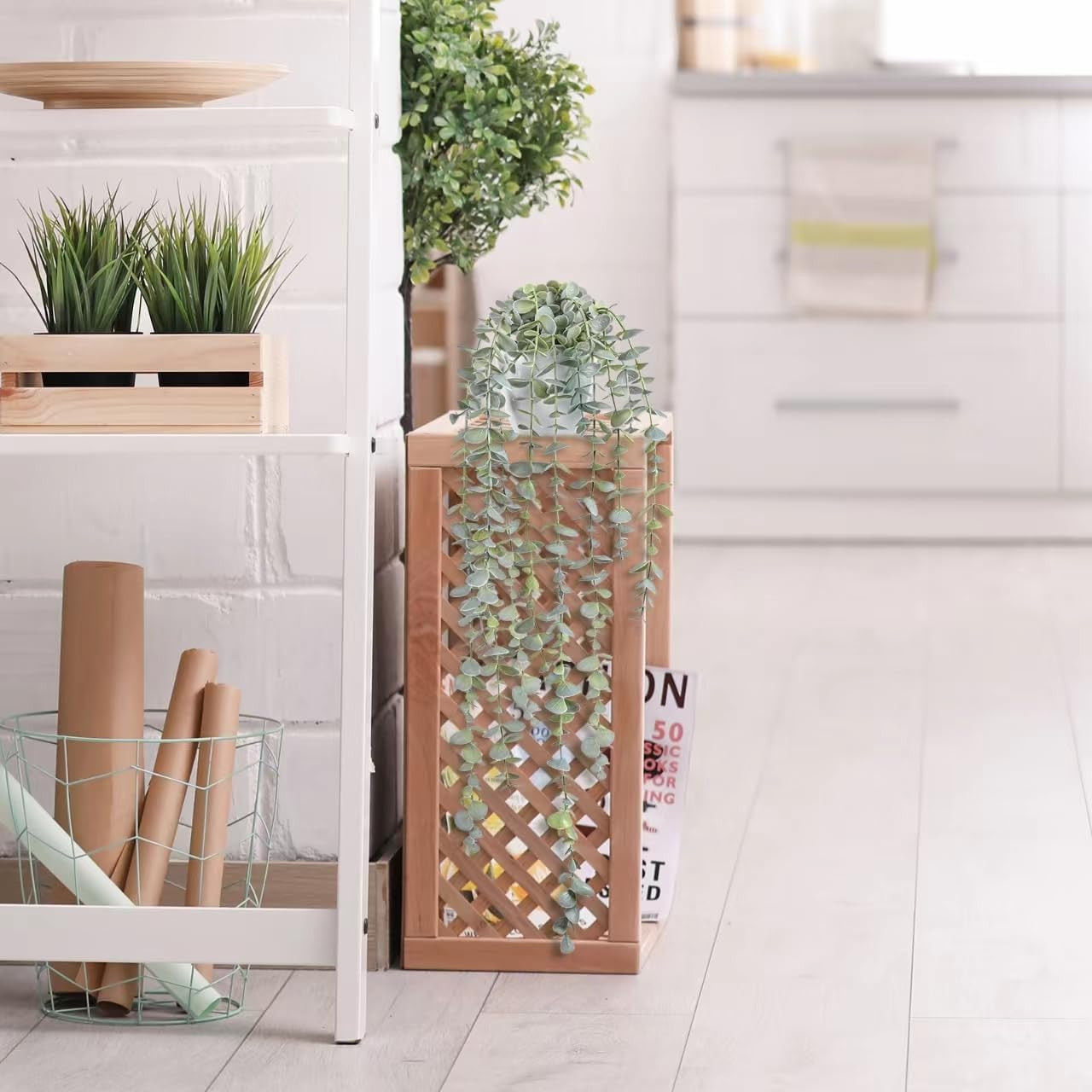 Decorative Hanging Plants for Shelf, Faux Ivy Eucalyptus Vine, Fake Greenery in