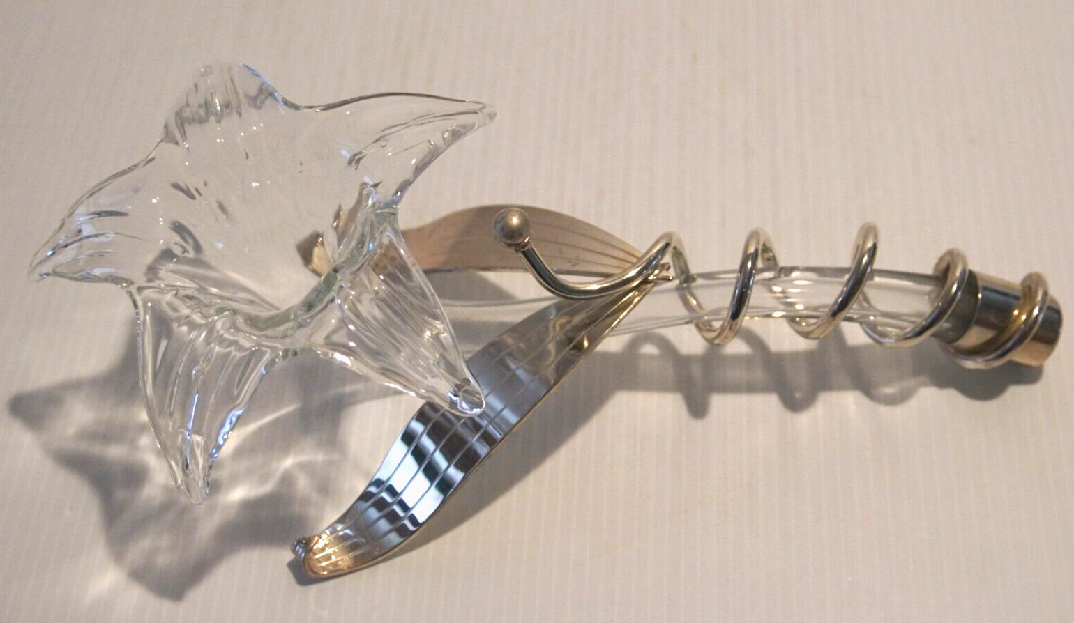 Vintage Blown Clear Glass Flower & Silver Plate Stand/Holder, 12″ Art Deco Syle