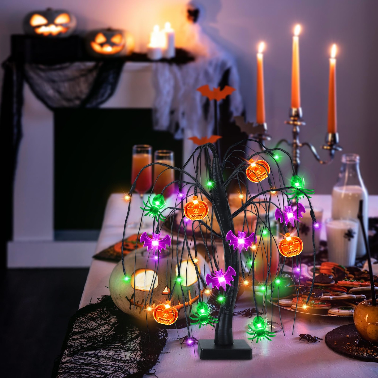 Halloween Decorations 18 Inch Tree with Pumpkin Bat Spider 36 LED Lights Indoor