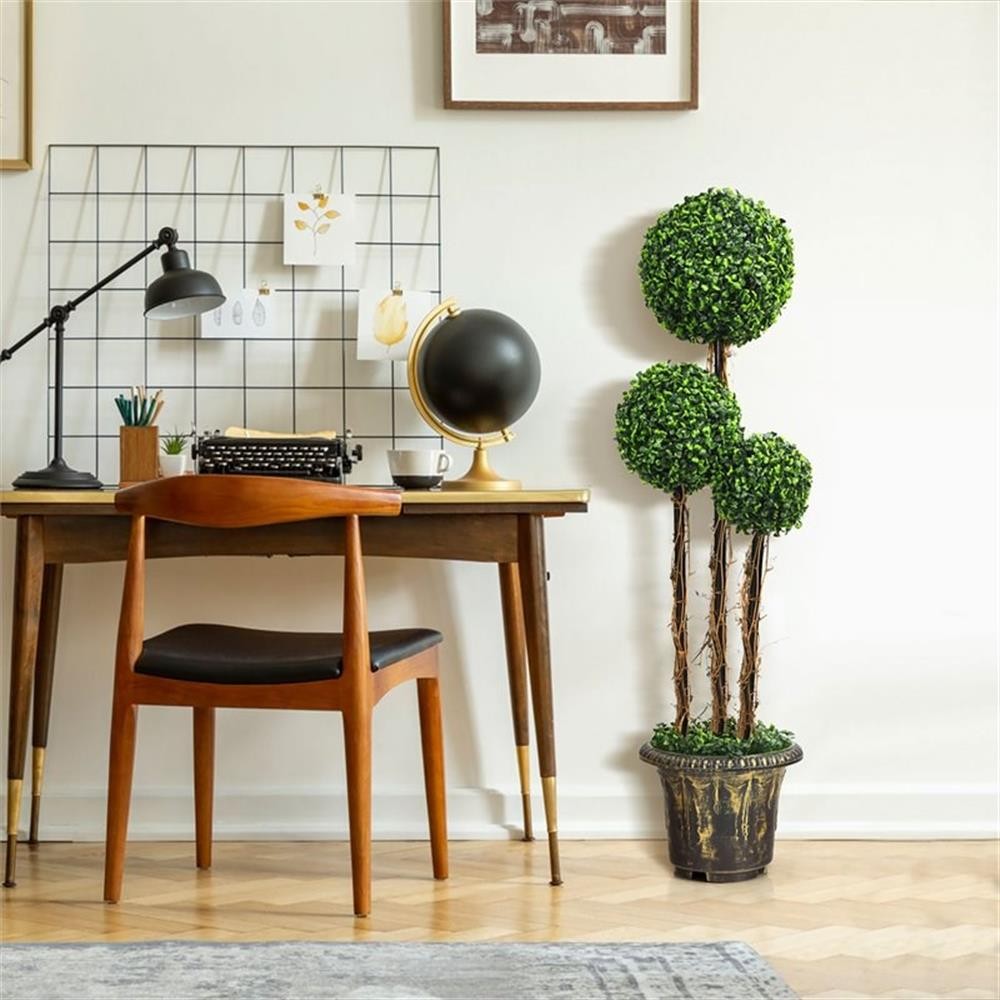 Pemberly Row Artificial Topiary Triple Ball Tree Plant w/ UV Resistant in Green