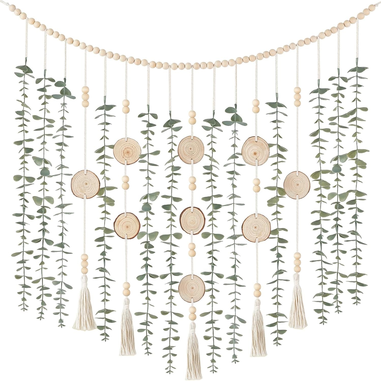 Hanging Artificial Plant Eucalyptus Wall Decor 31” Wooden Bead Garland W/ Fake
