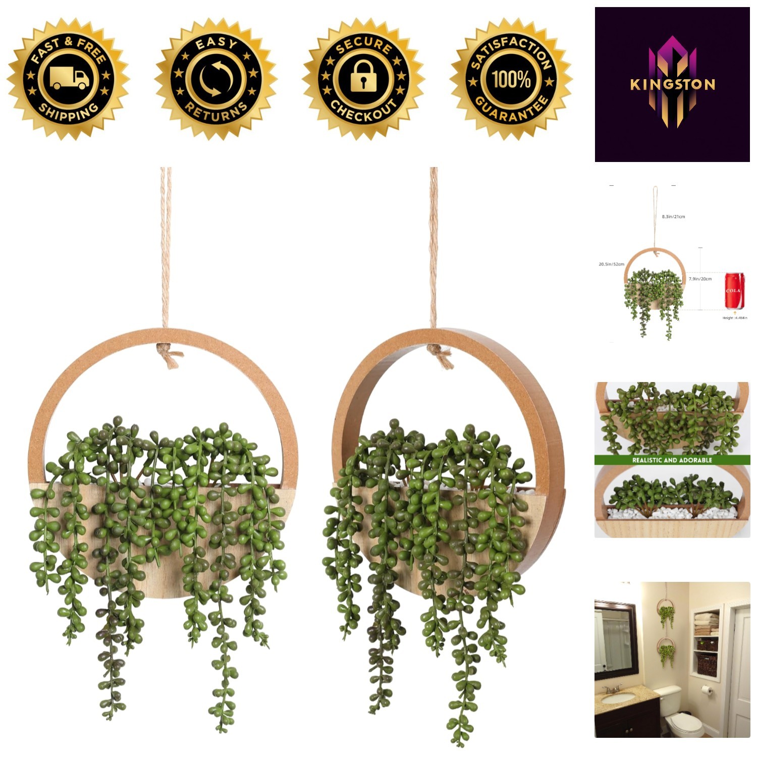 Low-Maintenance Fake Plants – 12.2” Hanging String of Pearls in Wooden Planters