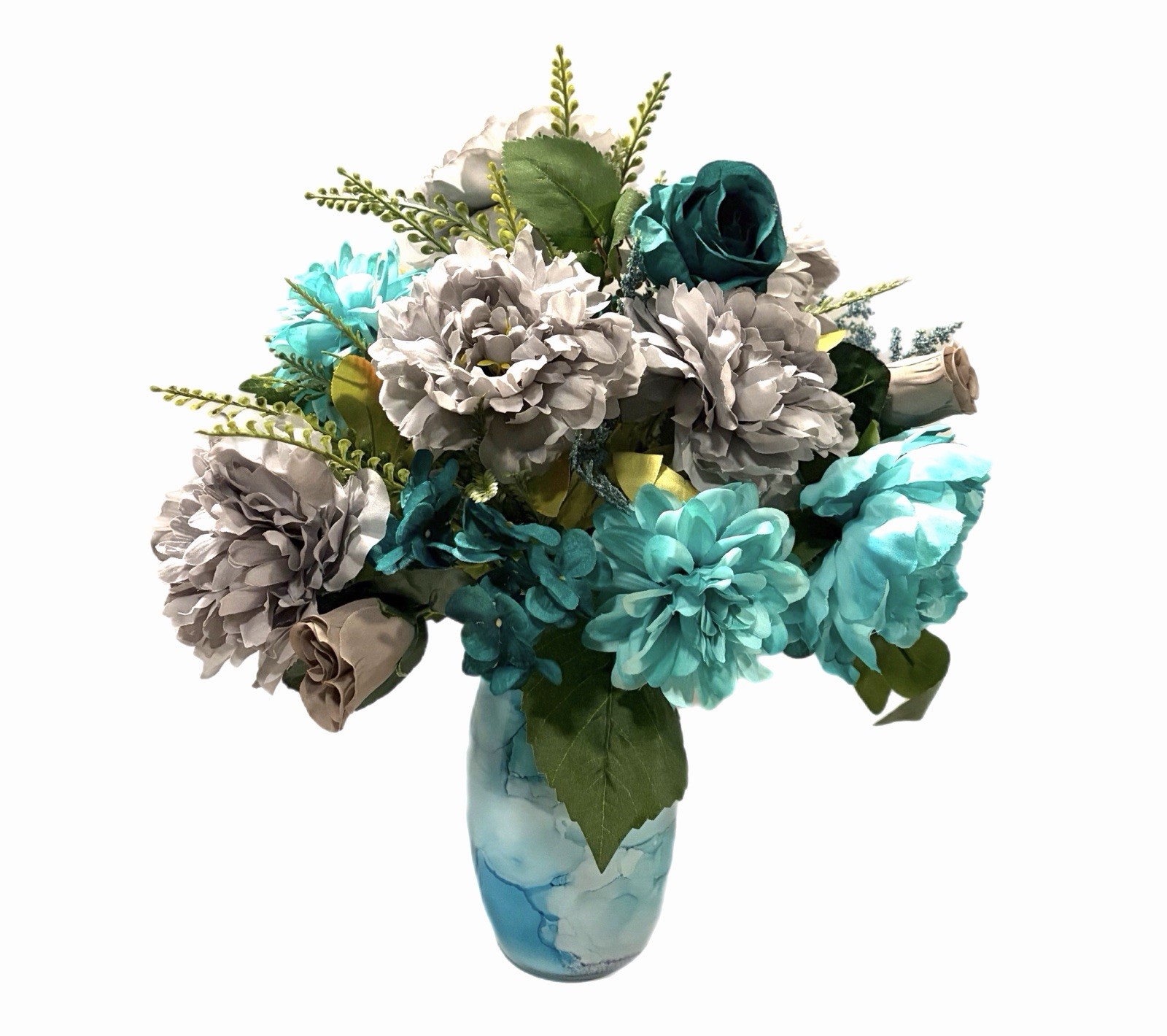 Silk Floral Arrangement Centerpiece Turquoise Blue & Gray Italian Glass Vase 18”