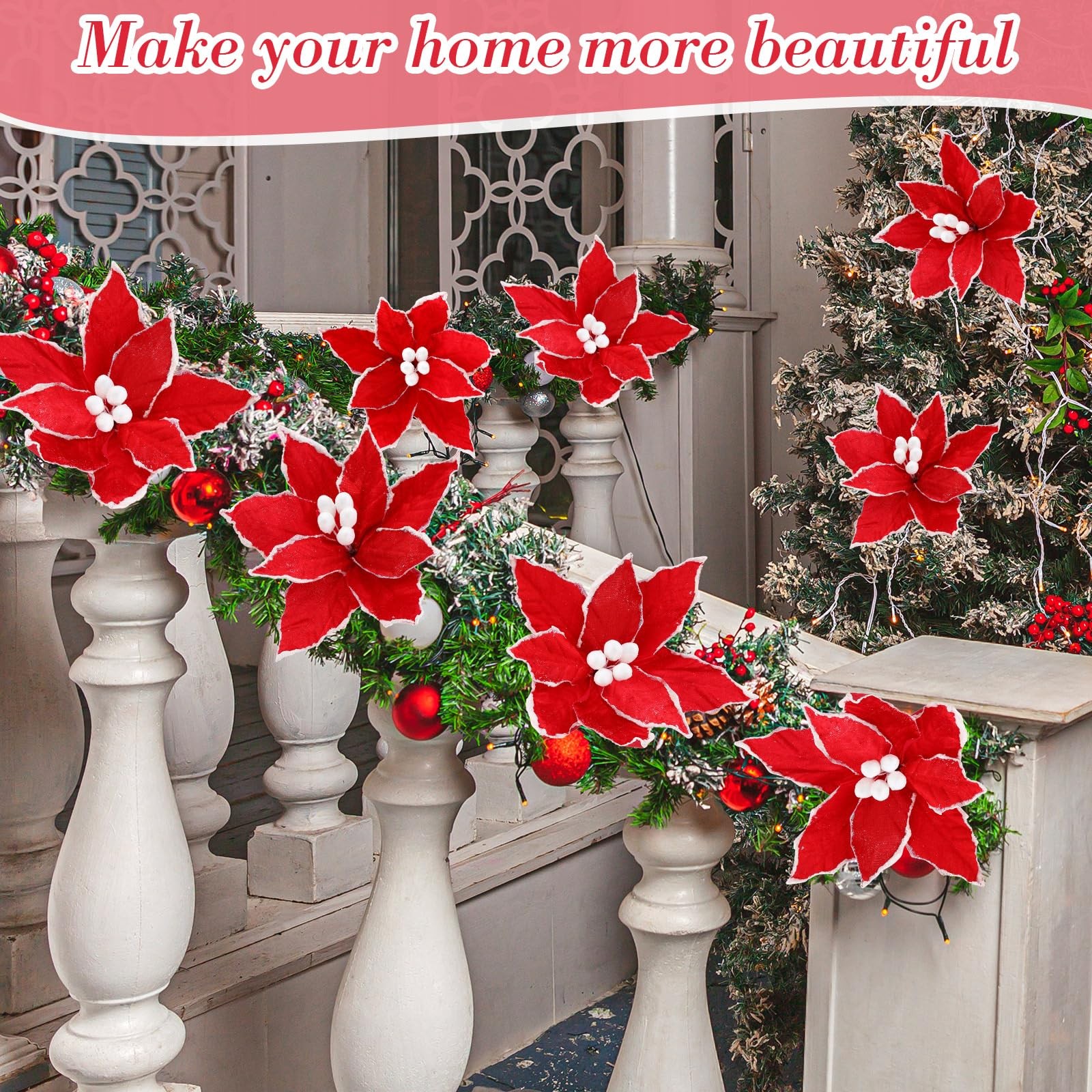 6 PCS Christmas Poinsettia Flowers Artificial 12 Inch Large Frost Edged Red