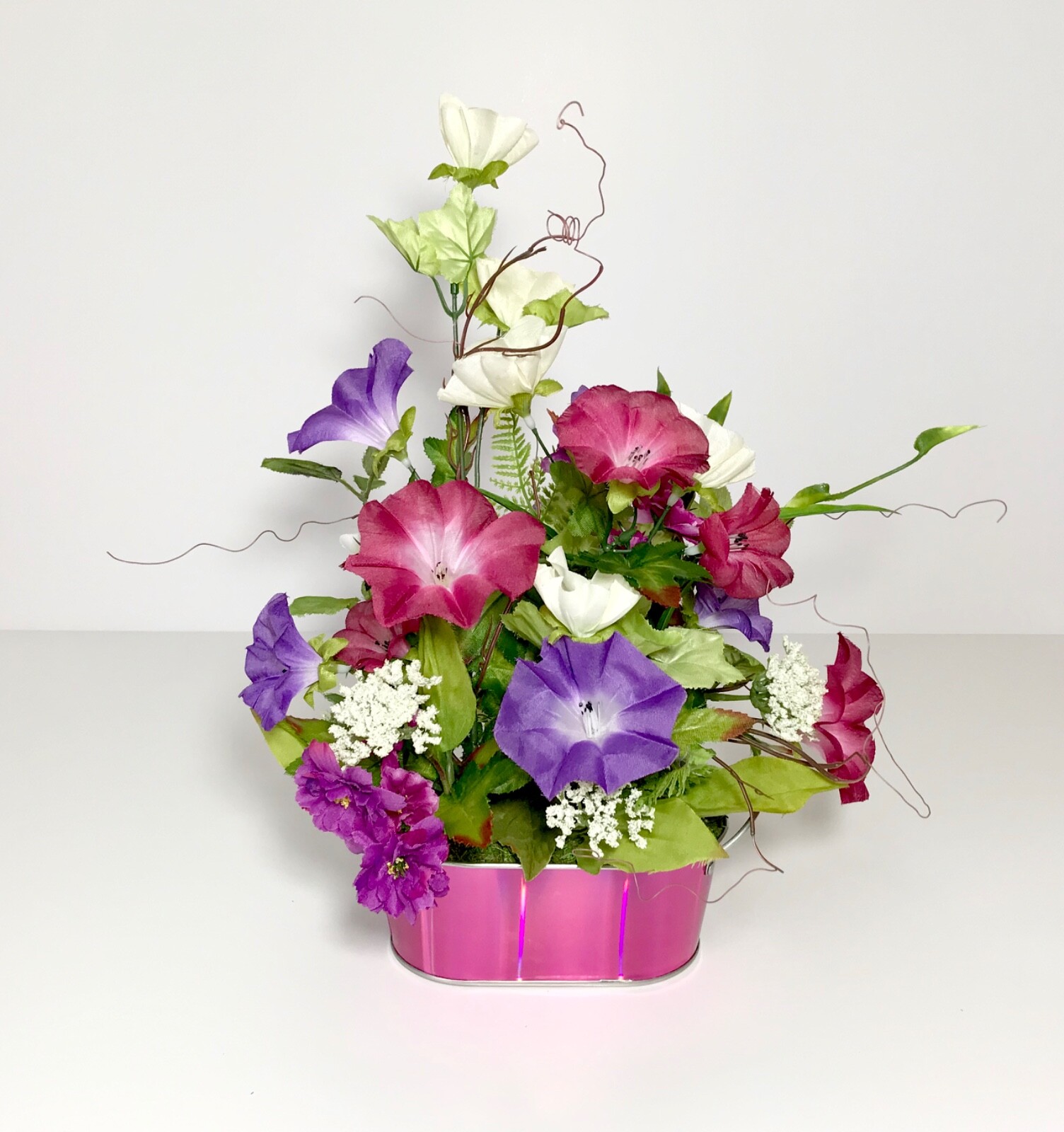 SMALL VARIETY FLORAL ARRANGEMENT NEON PINK METAL TUB SUMMER FLOWERS CENTERPIECE