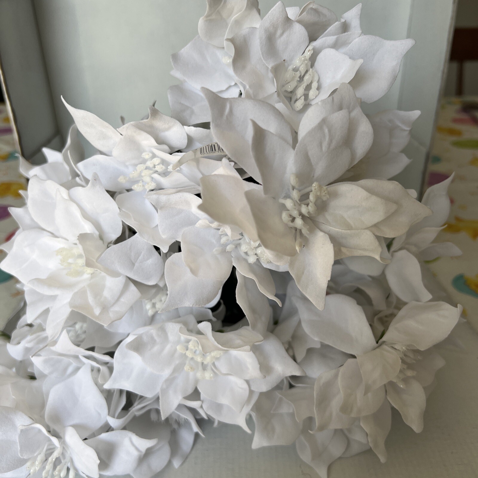 artificial flowers, white, new, approximately 12” tall, 4 Bunches