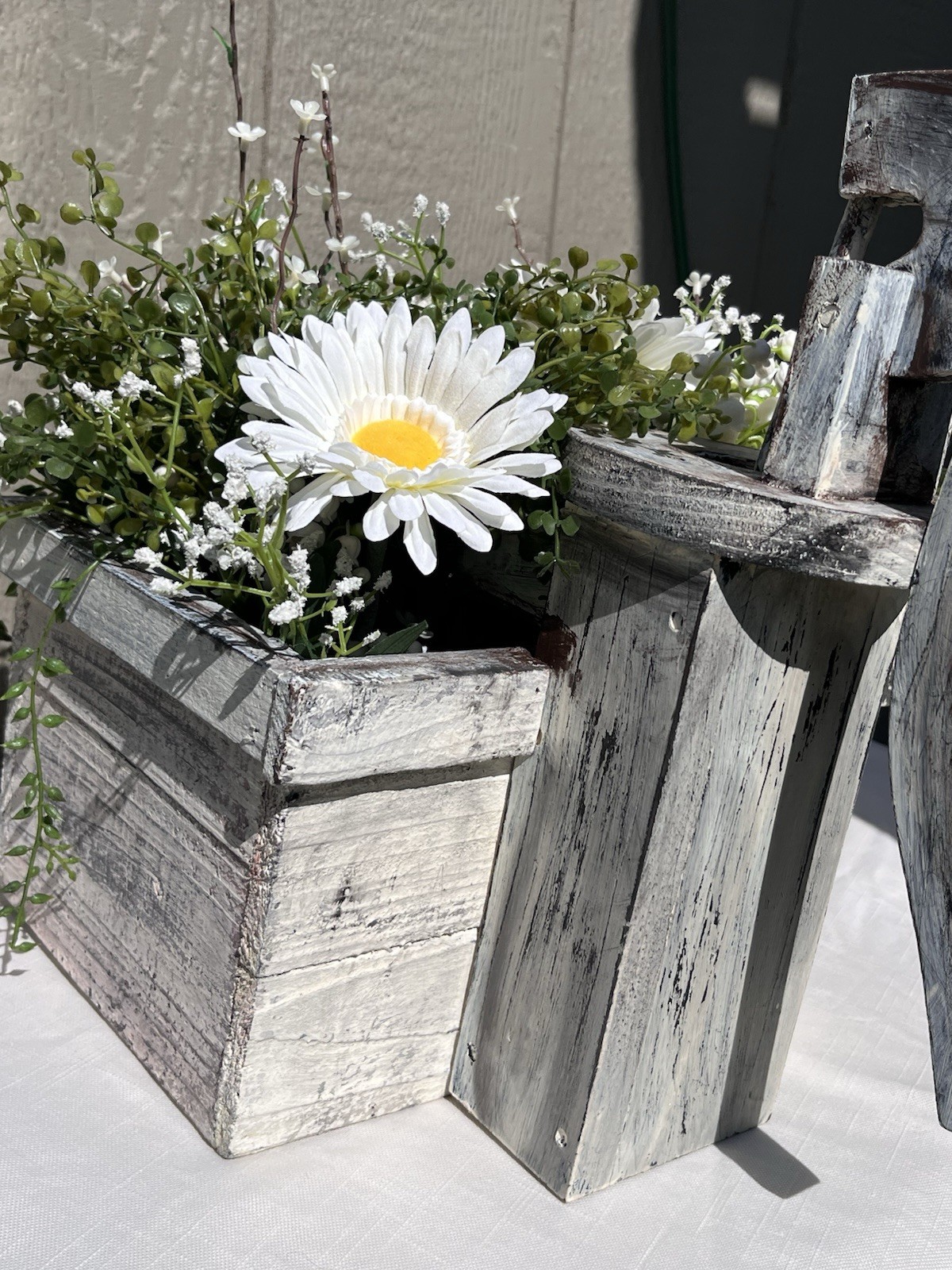 Rustic Wood Water Pump Planter Box w/ Artificial Greenery Daisy Farmhouse Decor