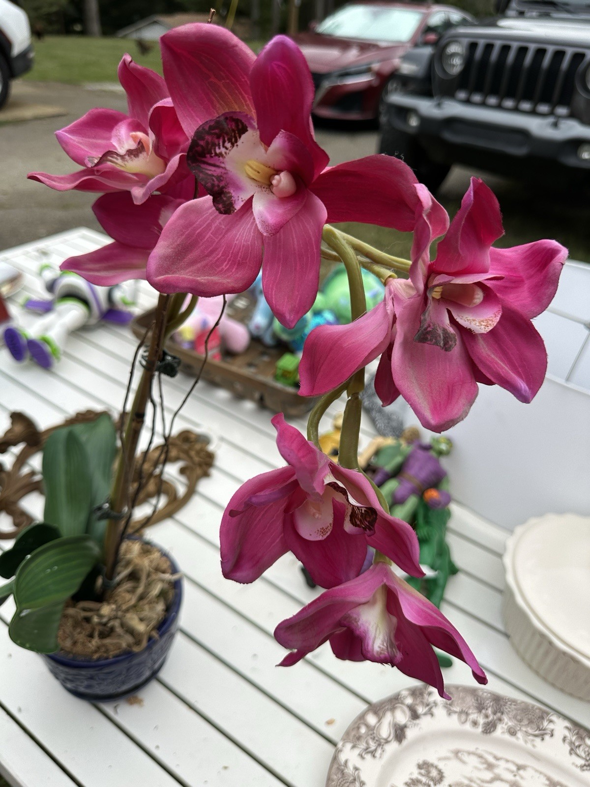 Purple Silk Real Touch Orchid In A Cobalt Blue Pot