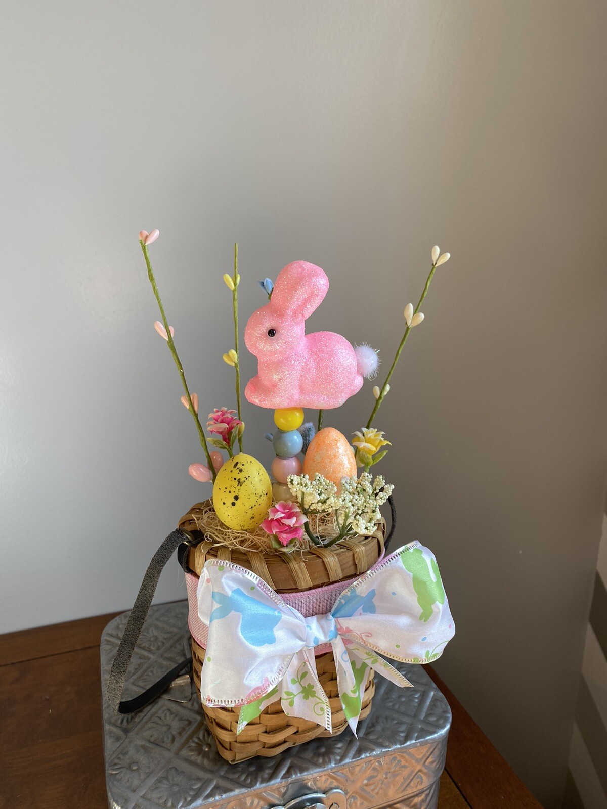 Handmade Floral Flower Arrangement Spring Easter Hanging Basket Bunny Egg Decor