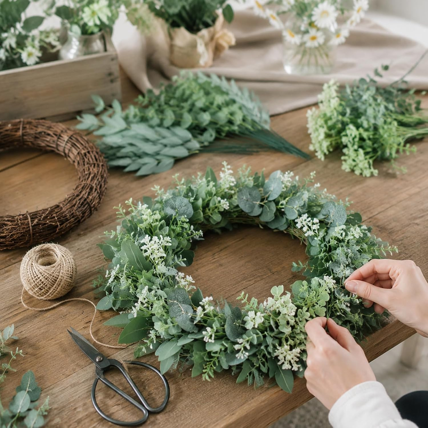 100 Pcs Mixed Artificial Eucalyptus Stems Leaves Bulk, 4 Kinds Faux Greenery Sil