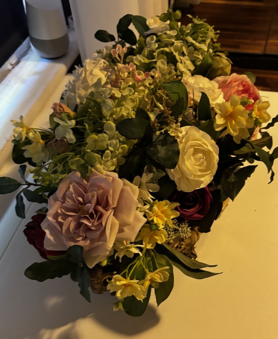 Large Elegant PINKS Flower Arrangement In Antique Brass Victorian Centerpiece