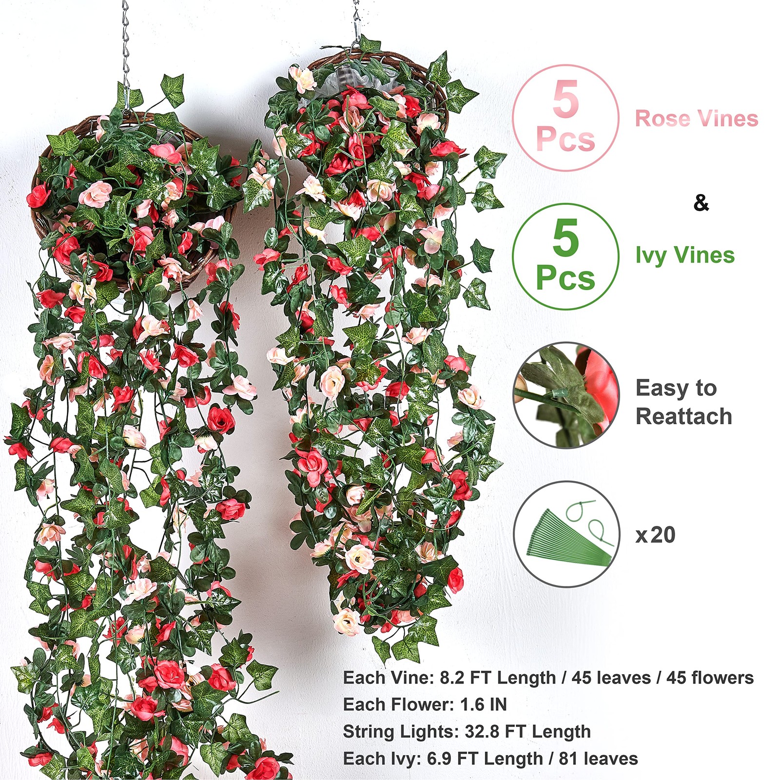 5 Pcs 41Ft Flower Garland Artificial Rose Vines with 5 Pcs 34.5Ft Fake Ivy Vi…