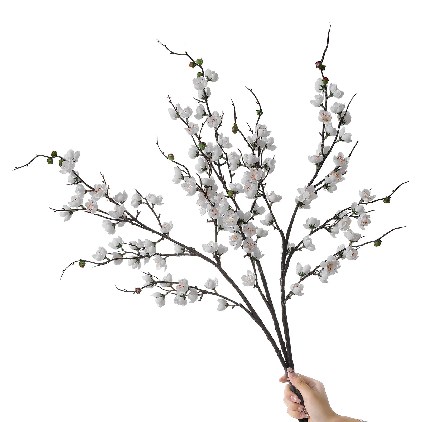 3 PCS Artificial White Cherry Blossom Branches 37.8″ Faux Silk Flowers