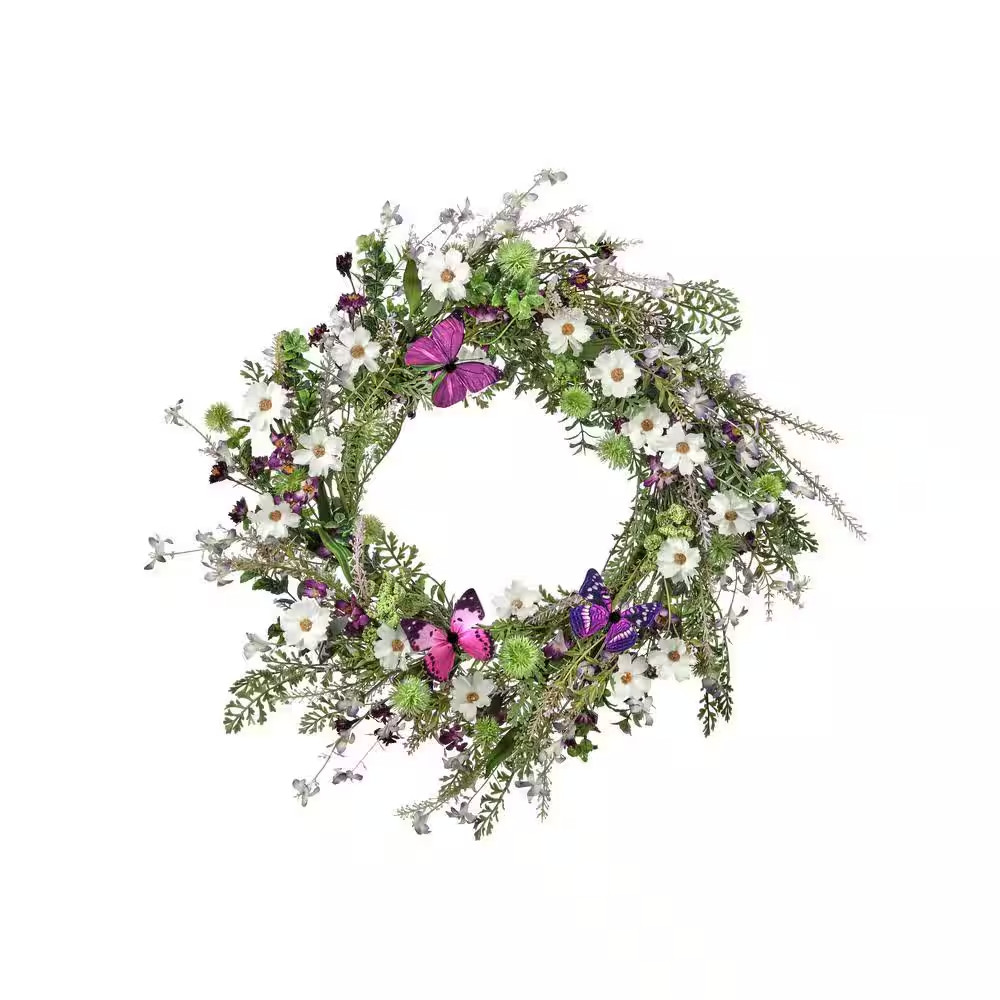 24 In. Purple, White Artificial Wildflower with Butterfly Wreath
