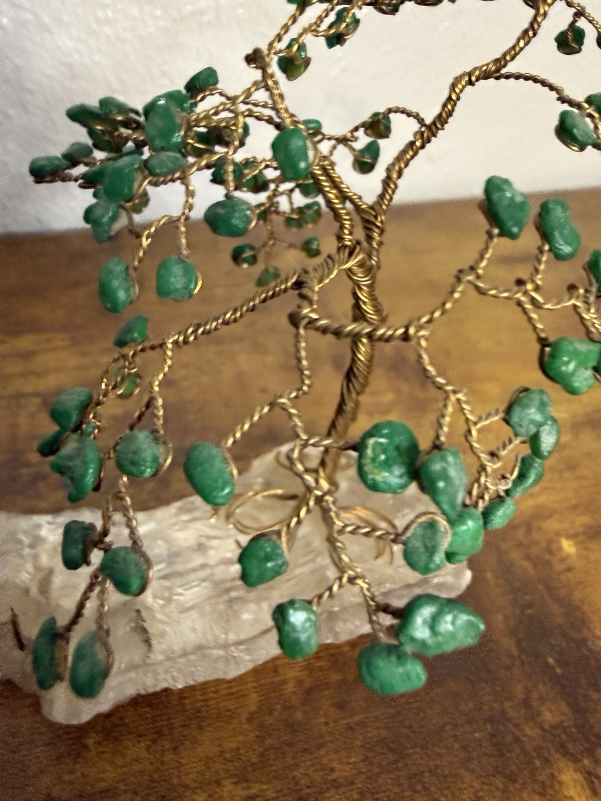 Small Vintage Bonsai Tree Cooper Stone Green Beads Flowers Leaves