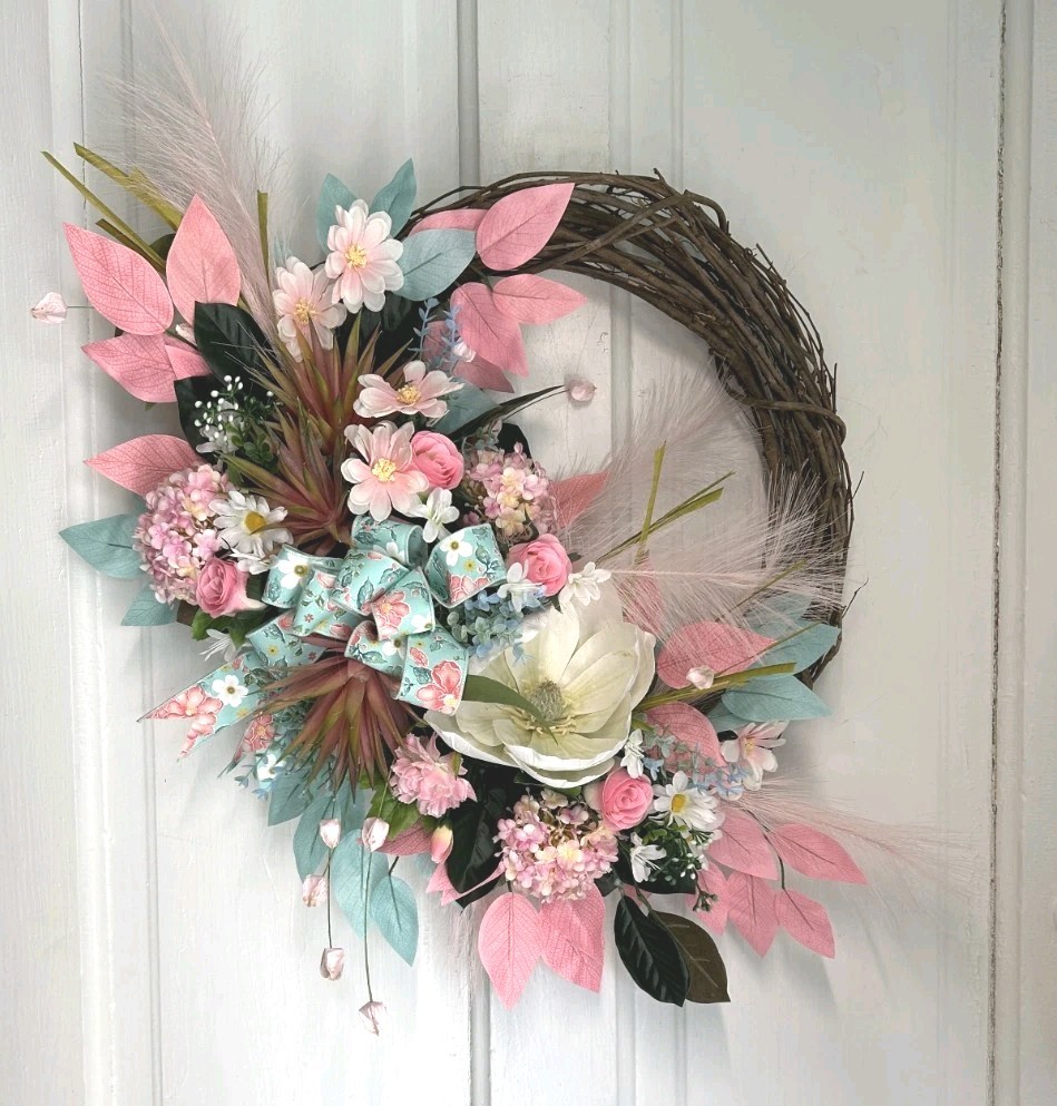 Summer Magnolia Wreath for Front Door, Pink Floral Grapevine Wreath, Cottage