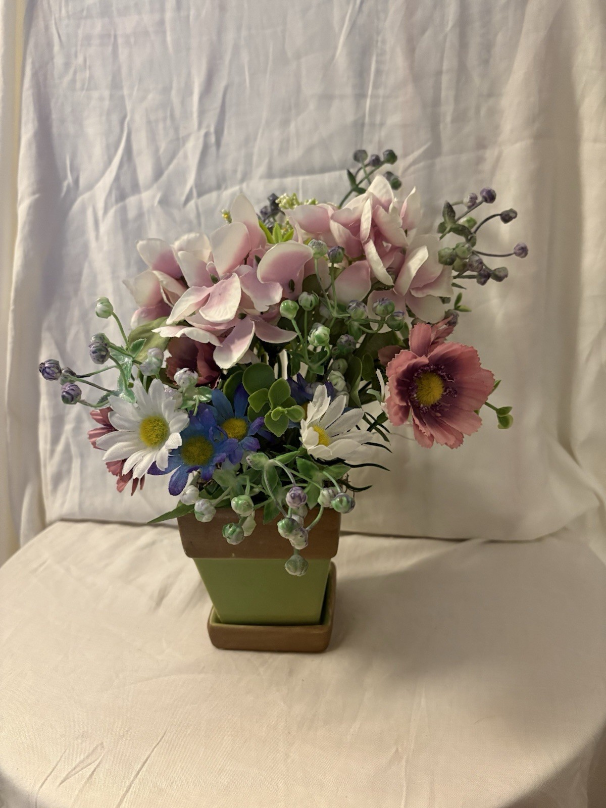 New Handmade Floral Arrangement In Green Ceramic Planter SKU WR27 Size 12 X 12”