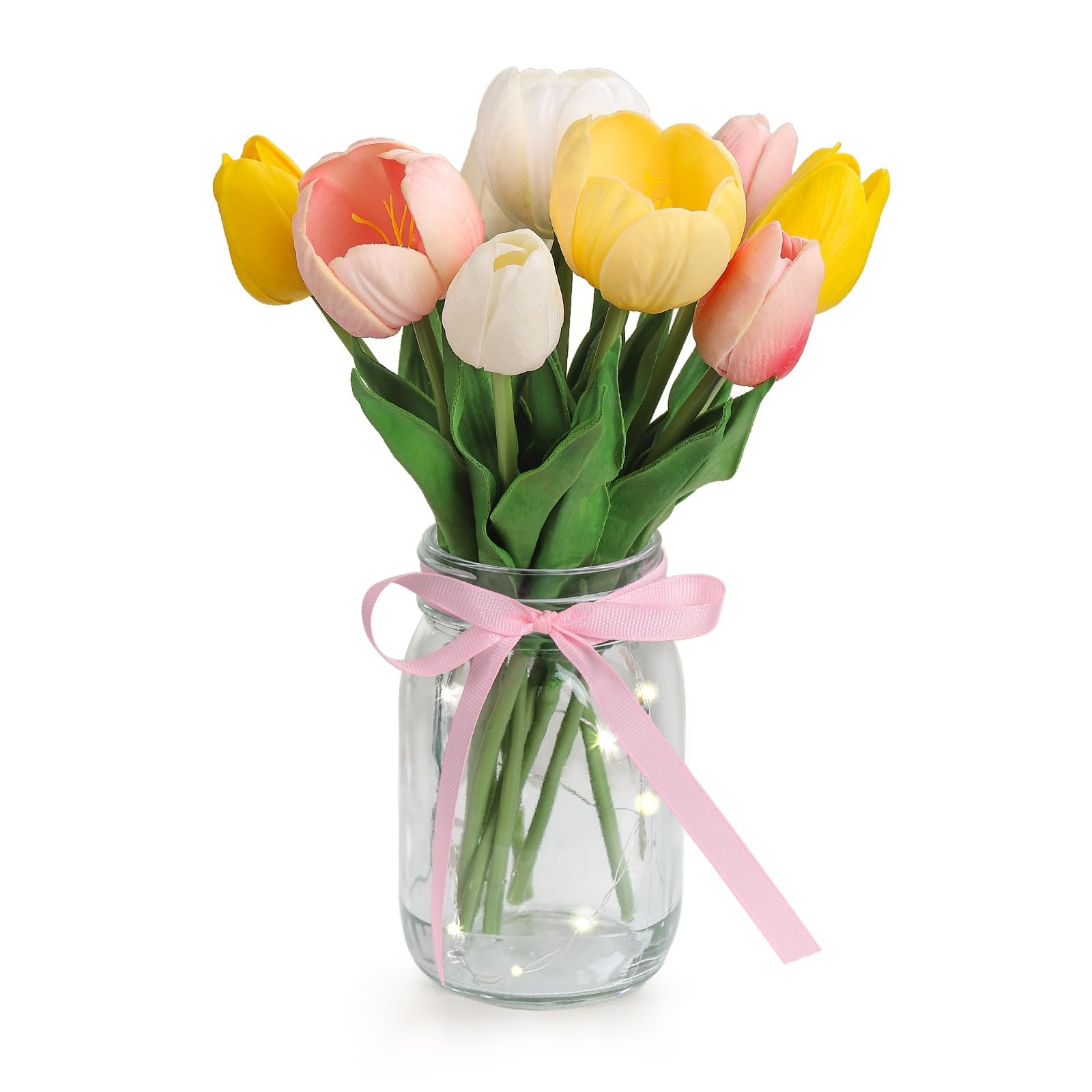 Artificial Tulips Flowers in Glass Vase with Faux Water, Real Touch Fake Tuli…