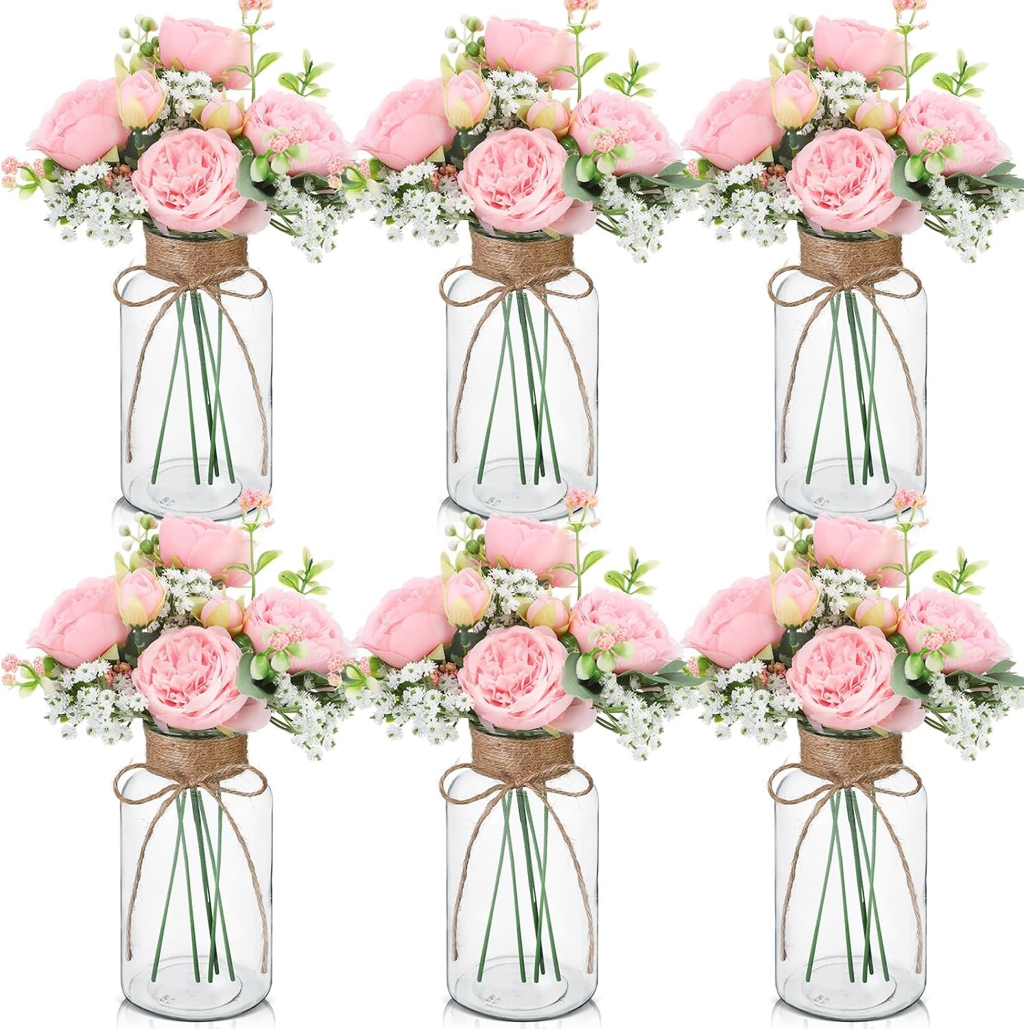 6 Sets Mason Jar Table Centerpiece W/ Artificial Peony Baby’s Breath Flower