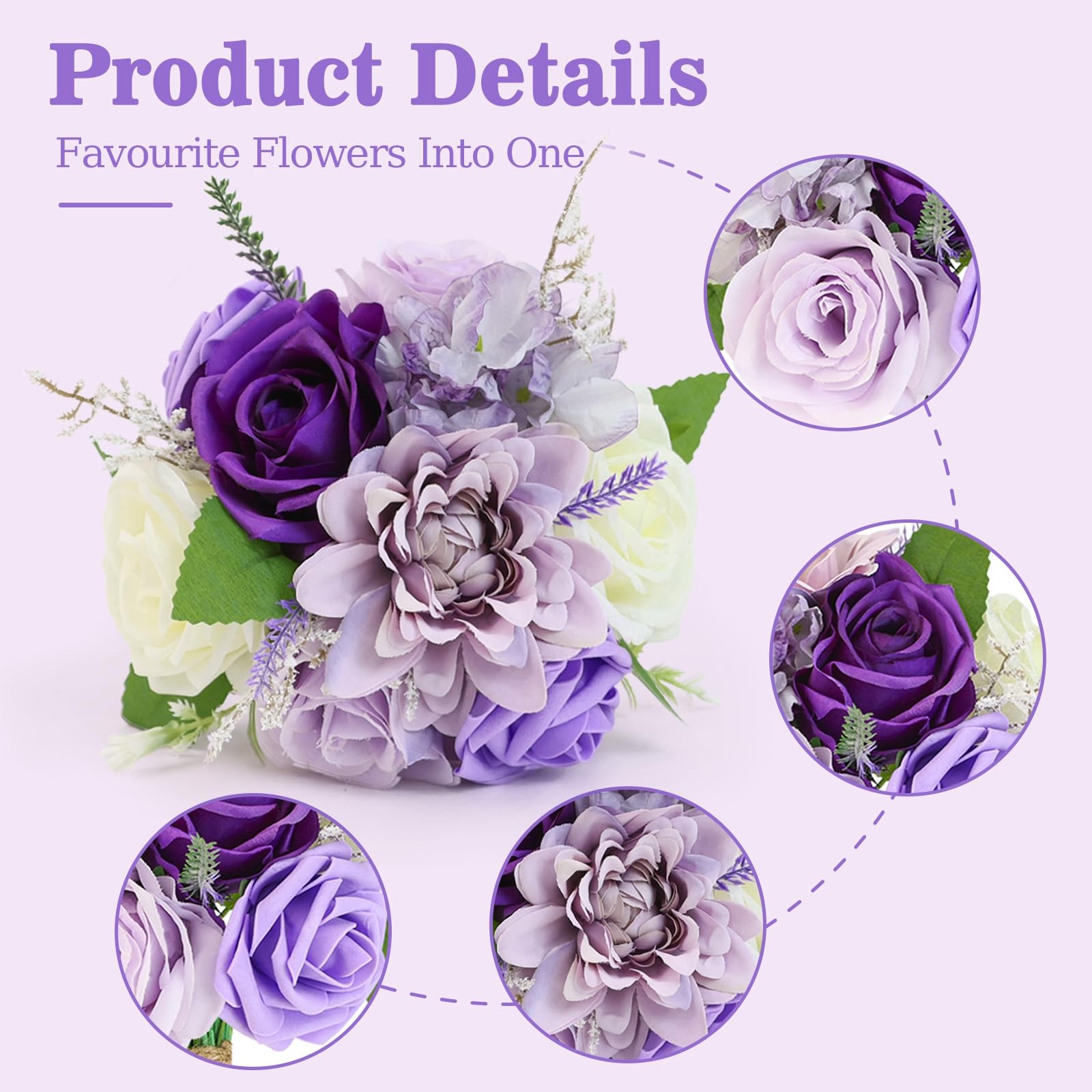 EMONONIA Artificial Bridesmaid Bouquets Set of 2 for Wedding – 7 inch Purple …