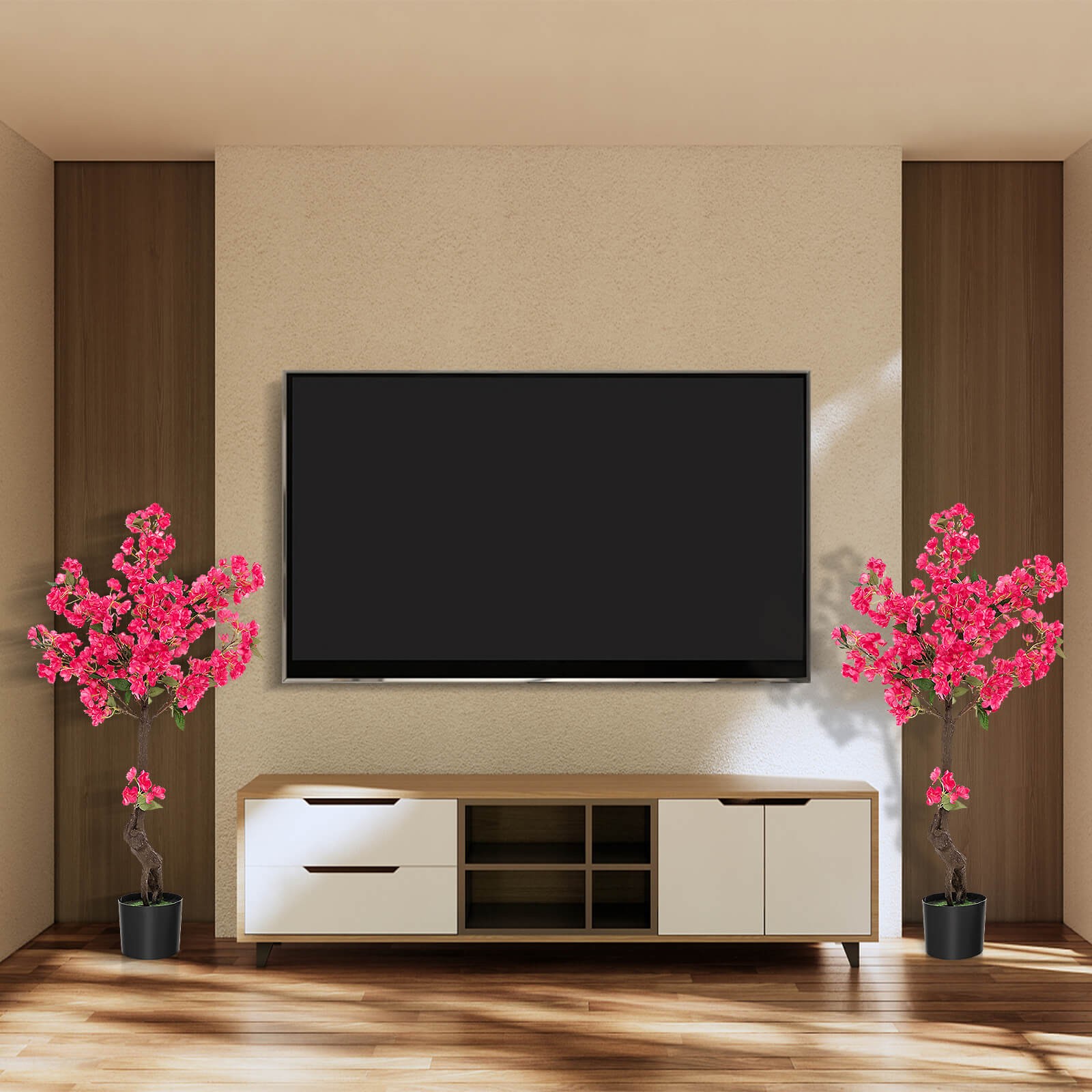 2 Pack 42″ Artificial Plum Blossom Tree w/ 92 Flowers & Realistic Trunk Indoor