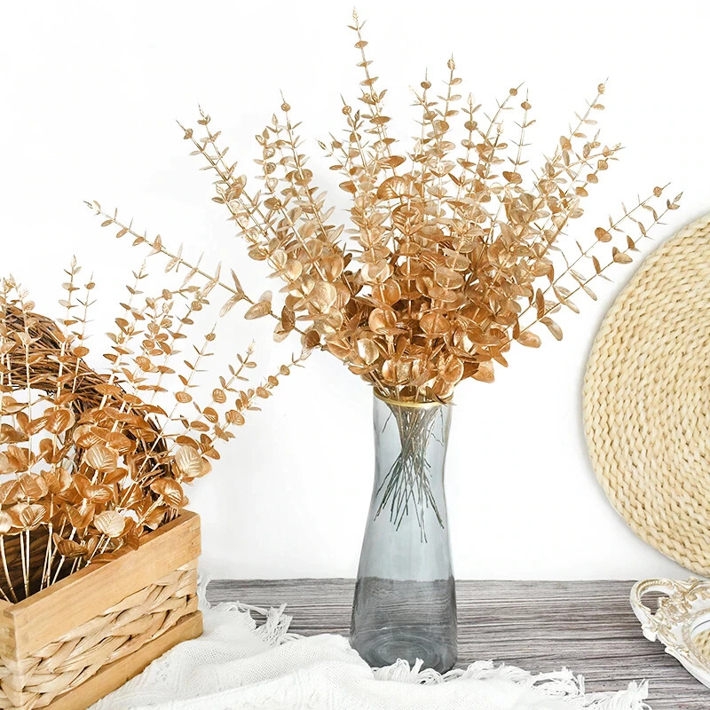 10Pcs Gold Eucalyptus Leaves Branch Artificial Plants Christmas New Year Deco