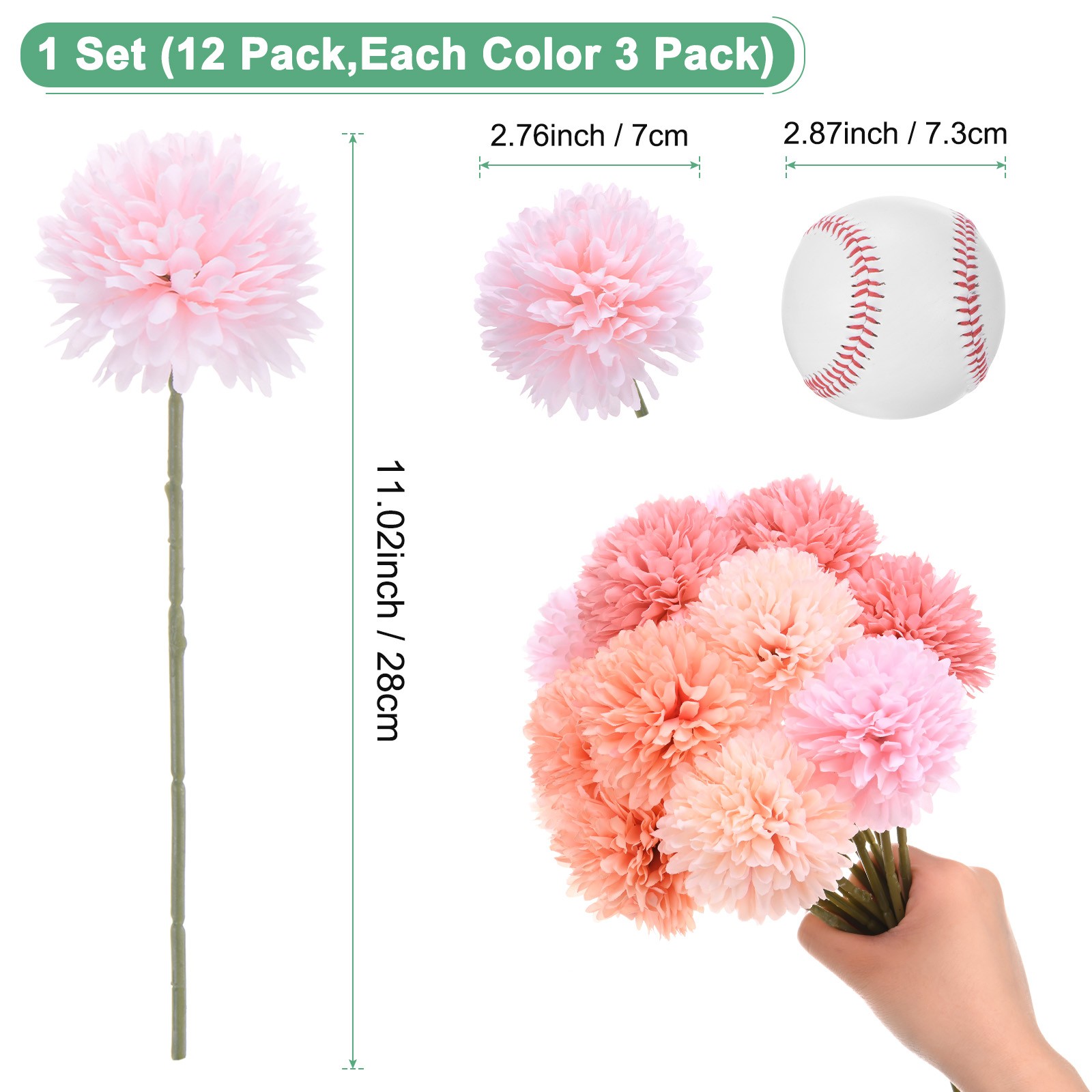 12 PCS Artificial Chrysanthemum Ball Flower Pink,Light Pink,Dark Pink,Peach Pink