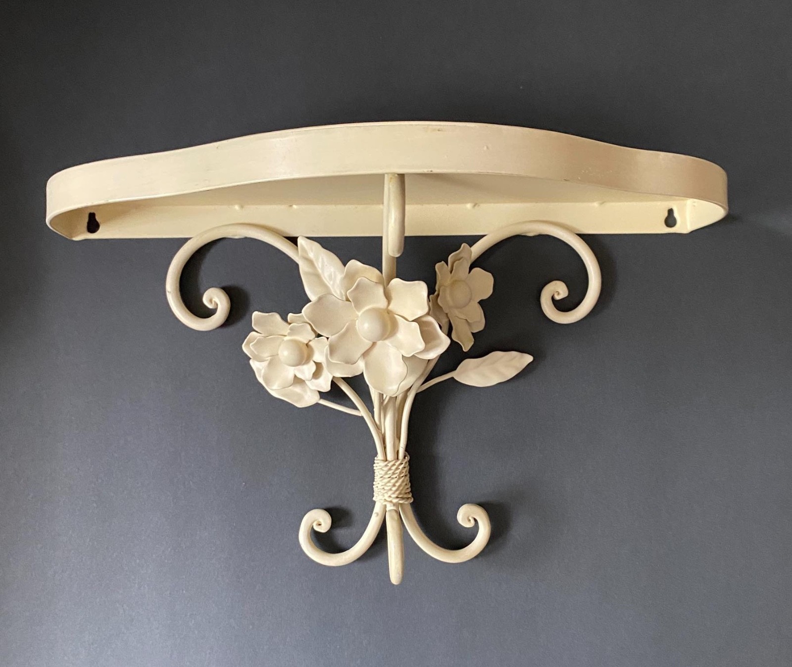 Vintage Ivory Cream off White Metal Floral Flowers Leaves Wall Shelf Beautiful!