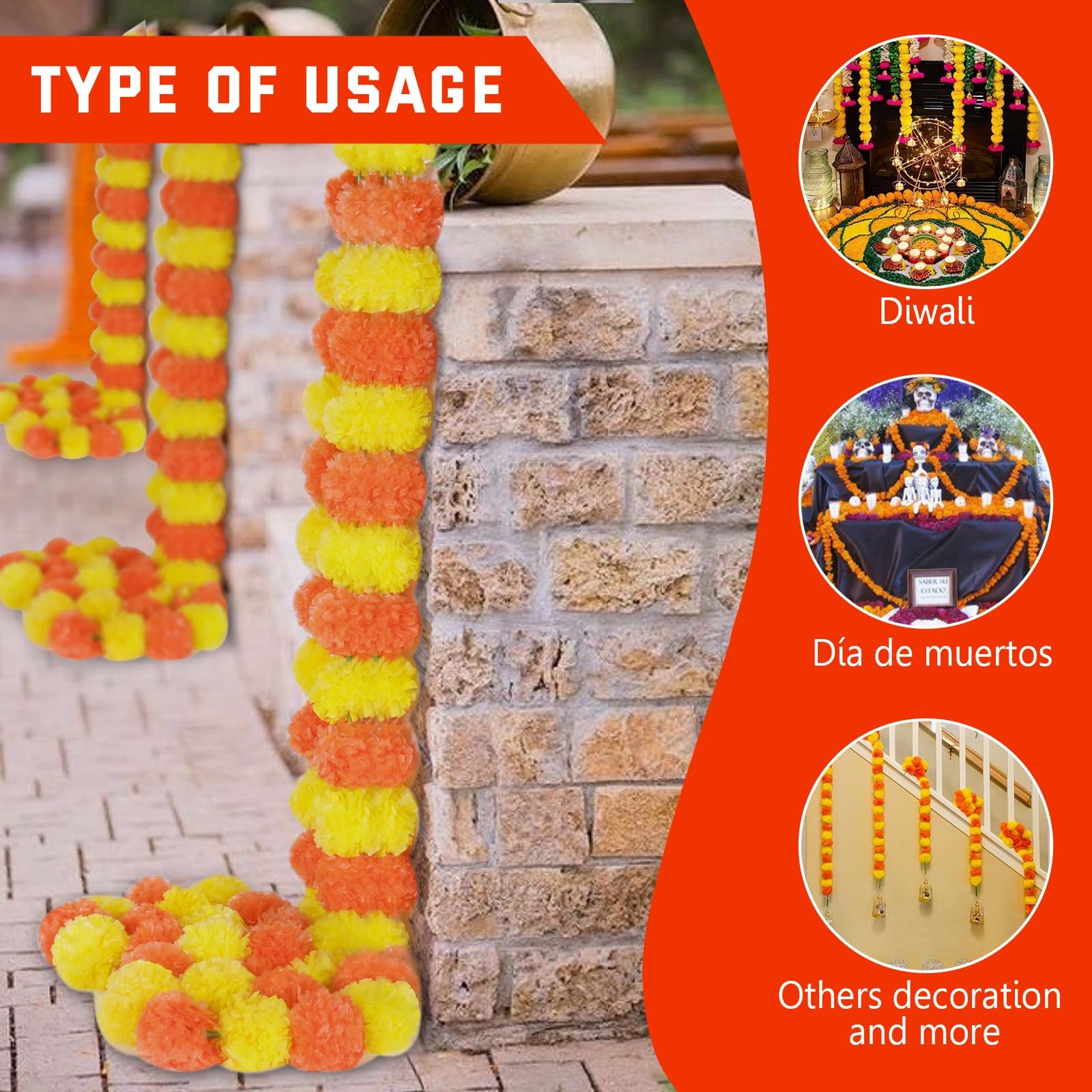 5Pcs Marigold Garland for Decoration,5 Feet Marigold Flowers Diwali Decor