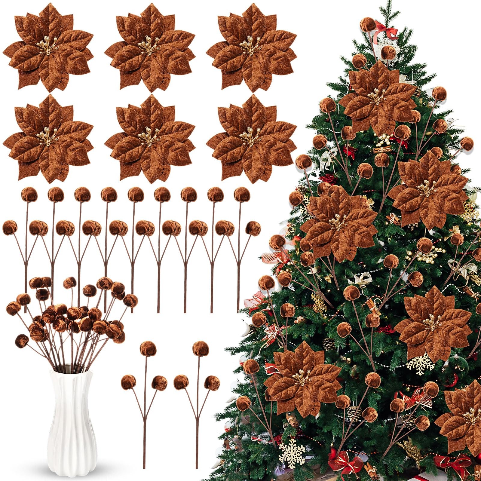 18 Pcs Velvet Christmas Tree Ornament Set Artificial Christmas Poinsettia Flo…