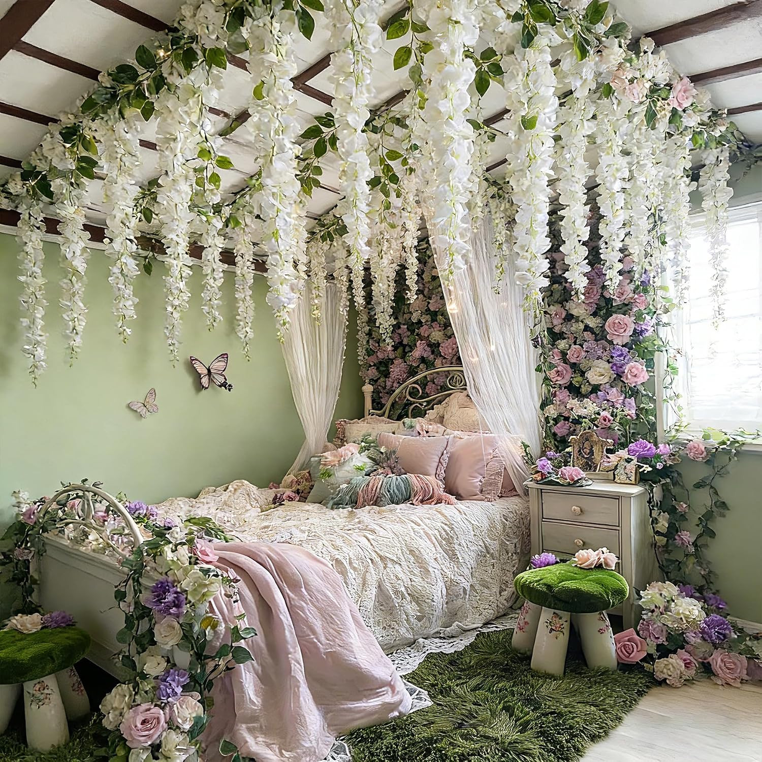 12Pcs Artificial Wisteria Flowers 3.25Ft Fake Silk Wisteria Vine Rattan Hanging
