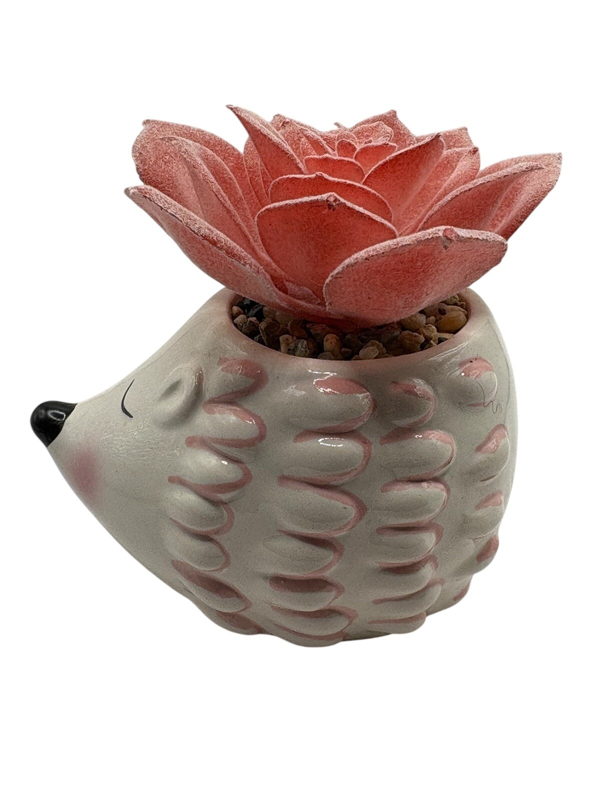 Cute Hedgehog Ceramic Flower Pot Faux Pink Succulent Animal Decoration Decor