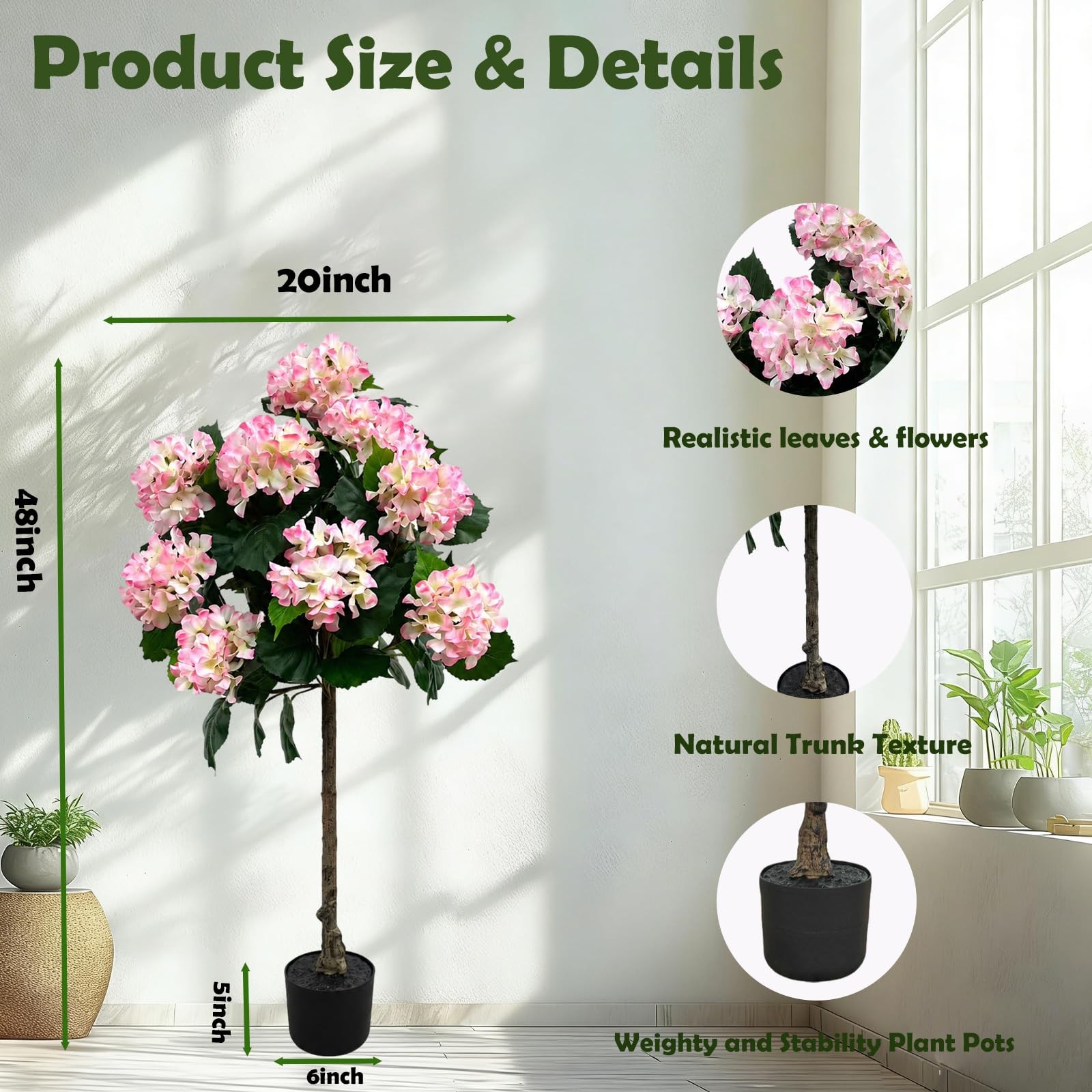 3.7FT Hydrangea Artificial Trees Potted,Faux Hydrangea Plants Silk Flower Tre…