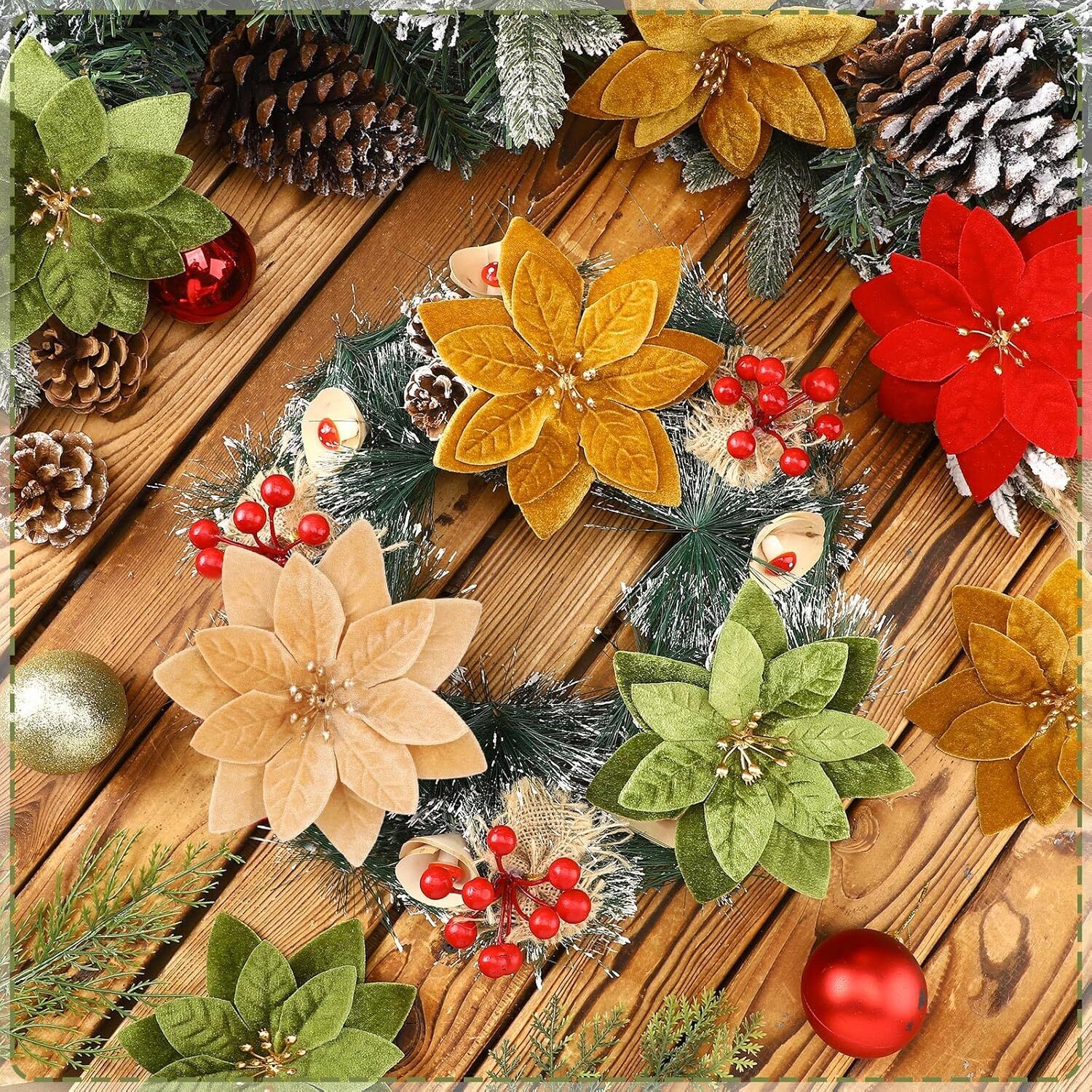 24 Pcs Christmas Velvet Poinsettia Flowers Artificial 6” Xmas Velvet Flowers…