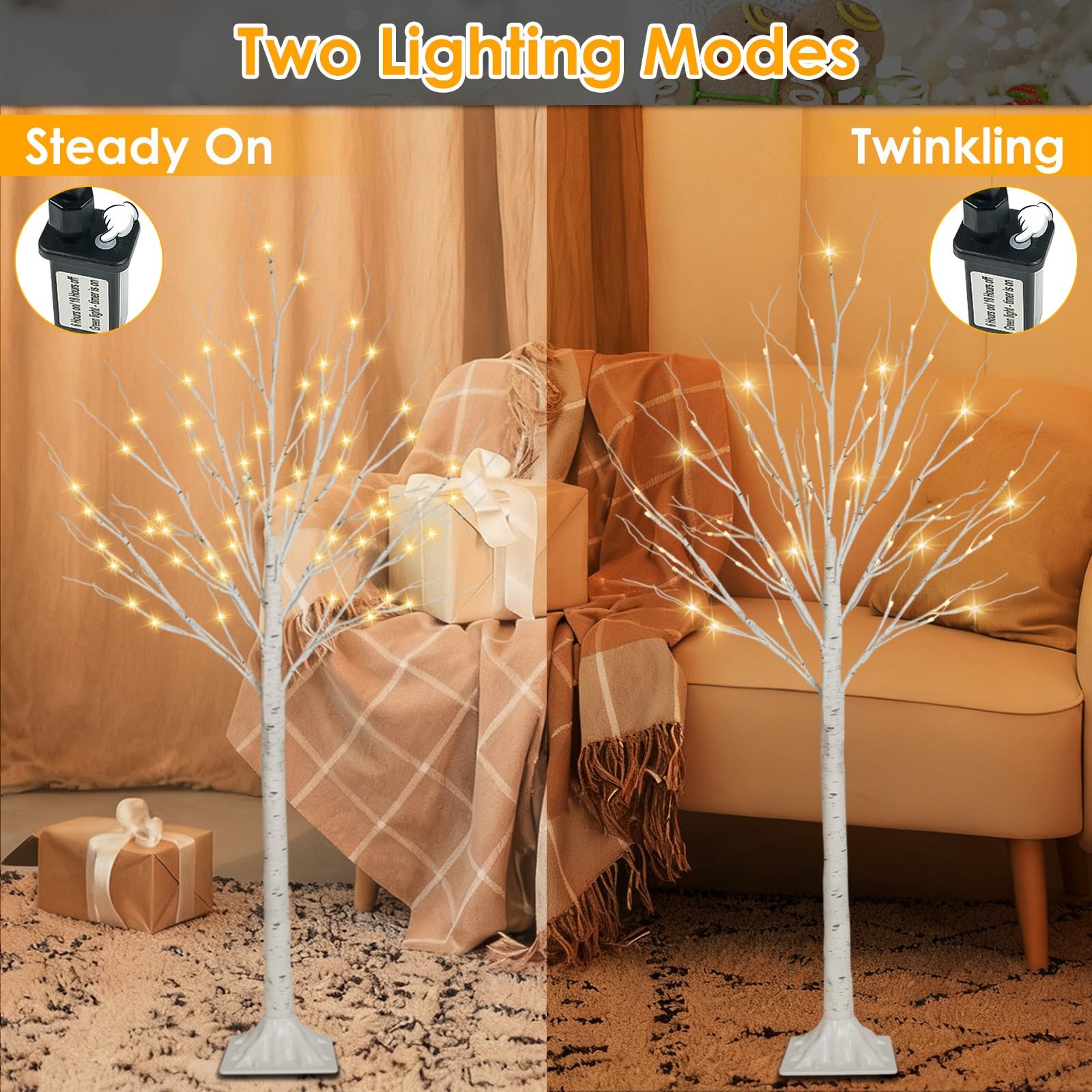2 Pack 4FT 100LED Christmas Lighted Birch Tree, Timer Function Prelit Artific…