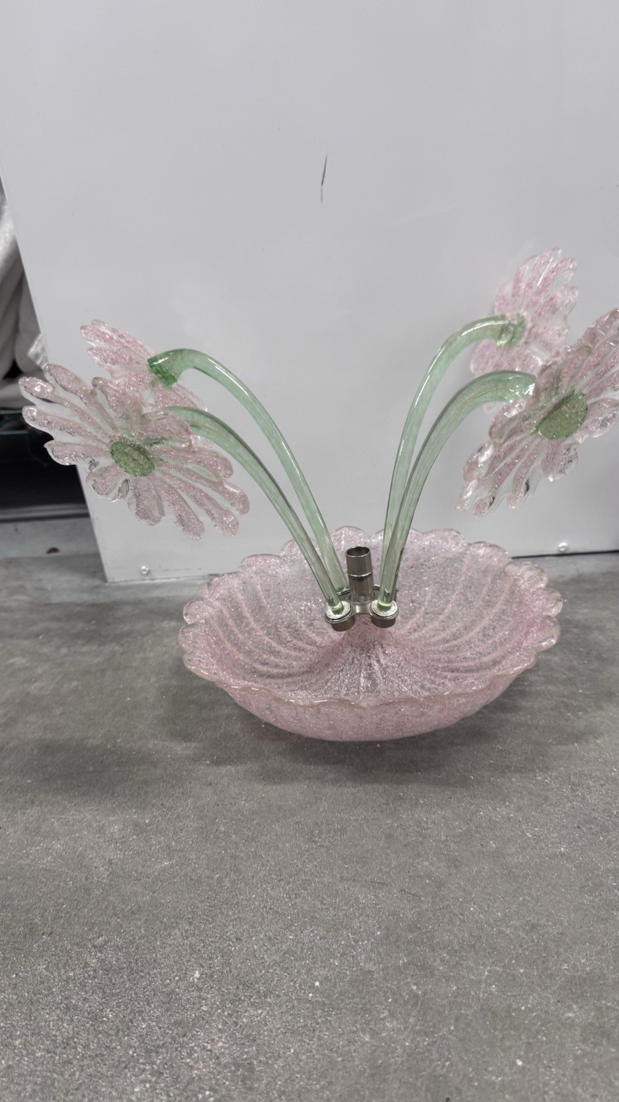 Art Glass Daisy Flower Arrangement Centerpiece, Pink Green Clear Bowl Base