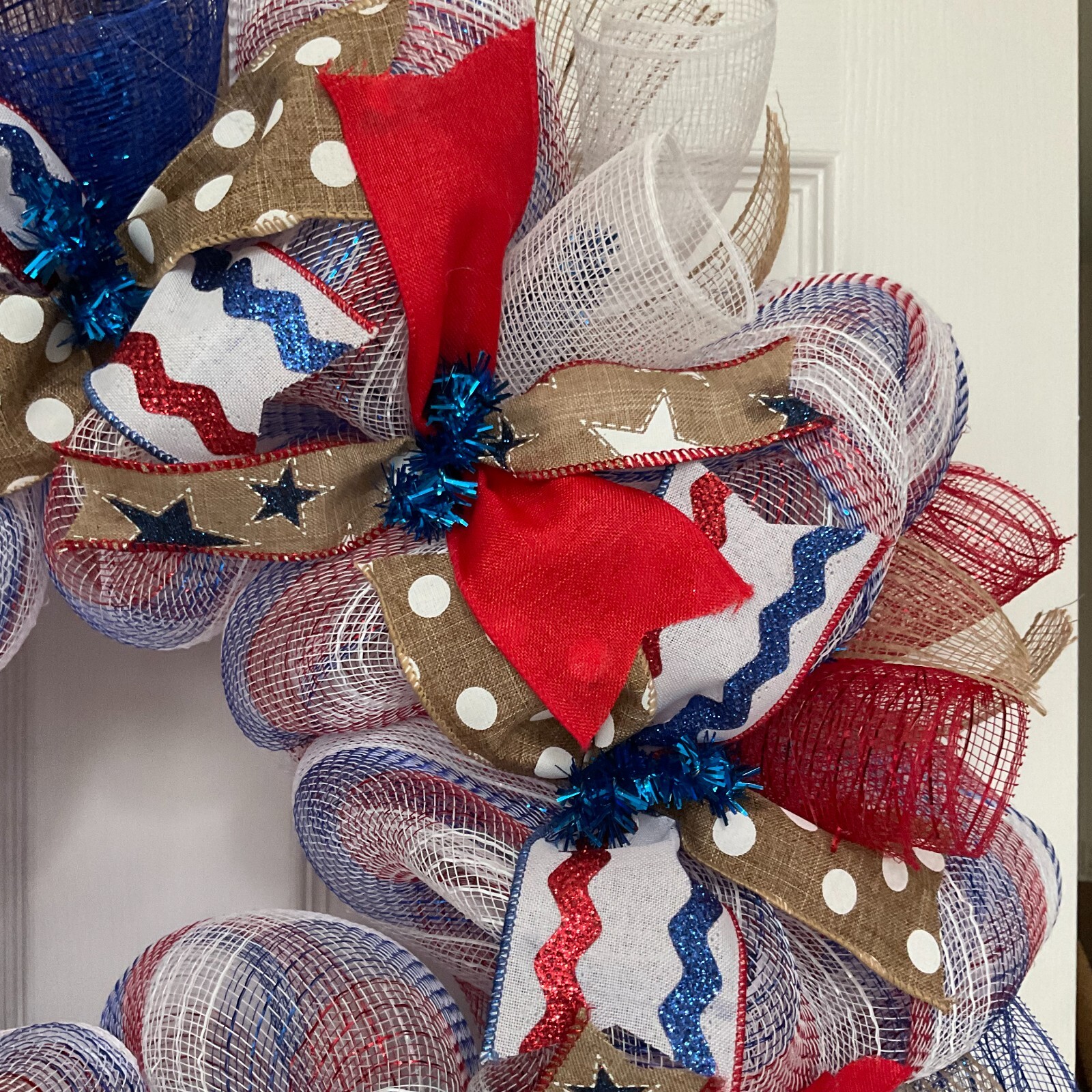 Red Burlap and Blue Patriotic Ribbon Wreath Handmade Deco Mesh
