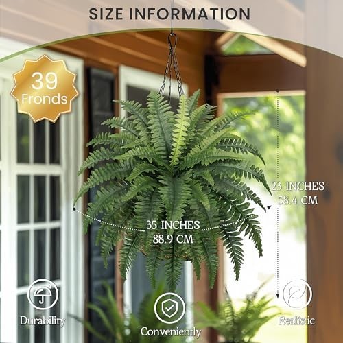 Artificial Ferns 35 Inch 2 Pack Faux Boston Fern Bushes with 39 Fronds UV