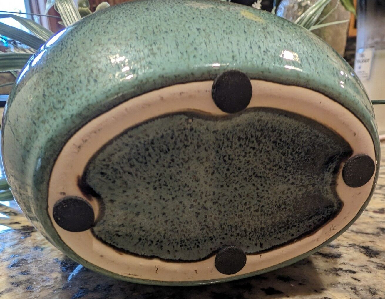 Artificial Onion Grass with Sea Shells Aqua Speckled Stoneware Ceramic Pot 14″