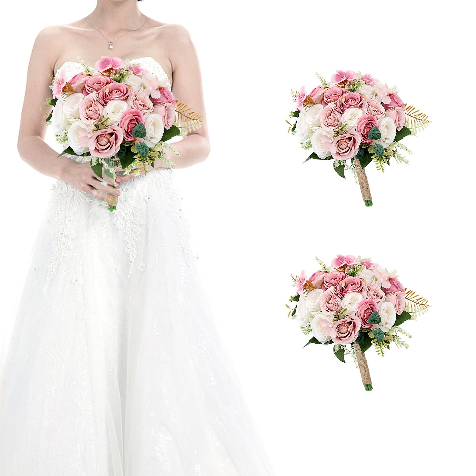 2 PCS 7 Inch Ivory Dusty Pink White Artificial Bridesmaid Wedding Bouquet