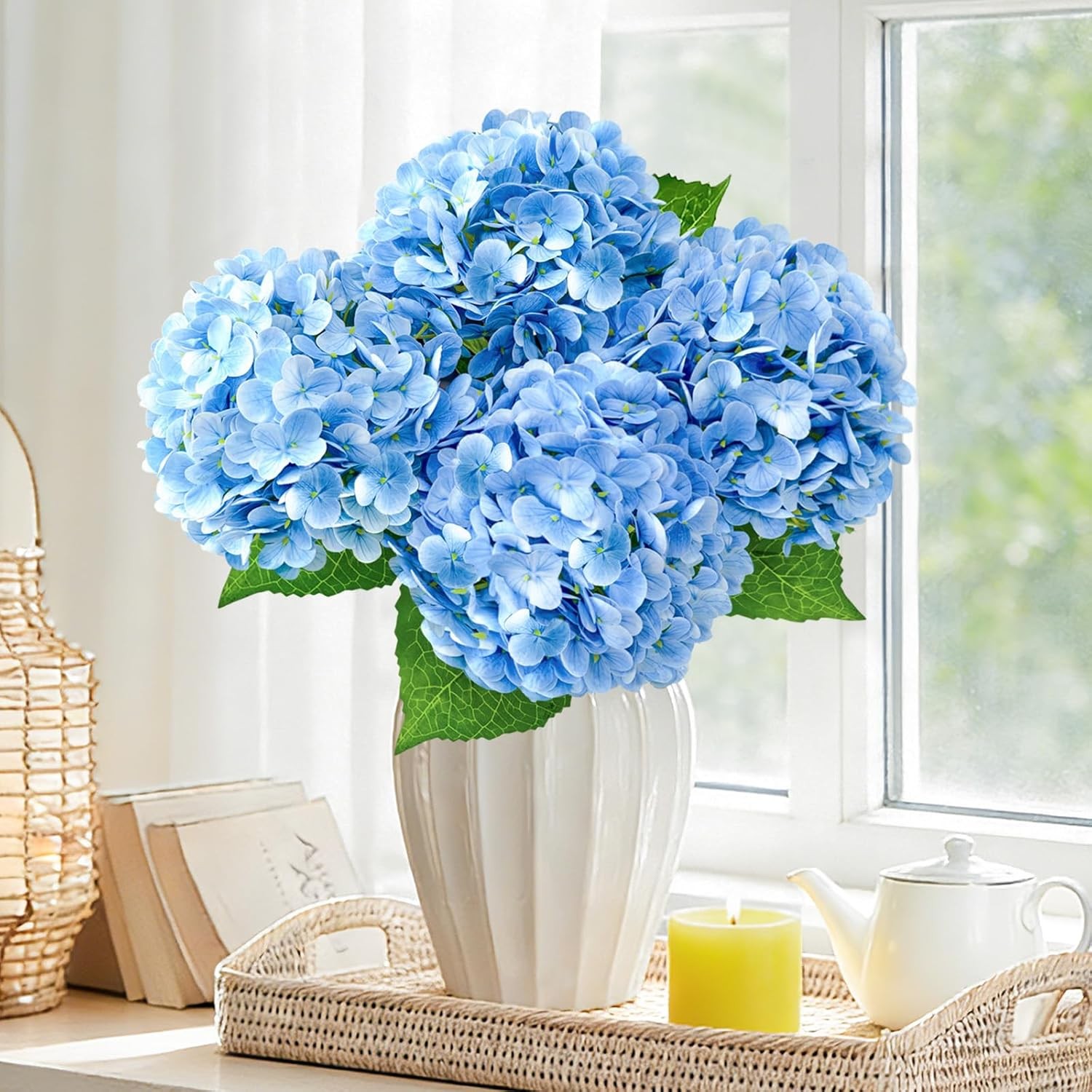 3Pcs 21Real Touch Blue Hydrangea Artificial Flowers with Stems,Fake Silk Flowers