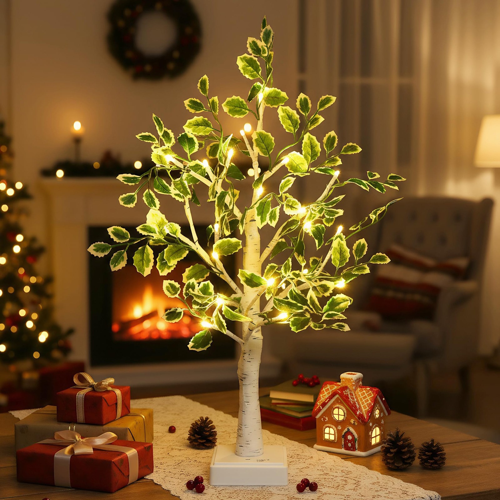 Small Birch Tree with Leaves Tabletop Lighted Trees for Indoor Decor