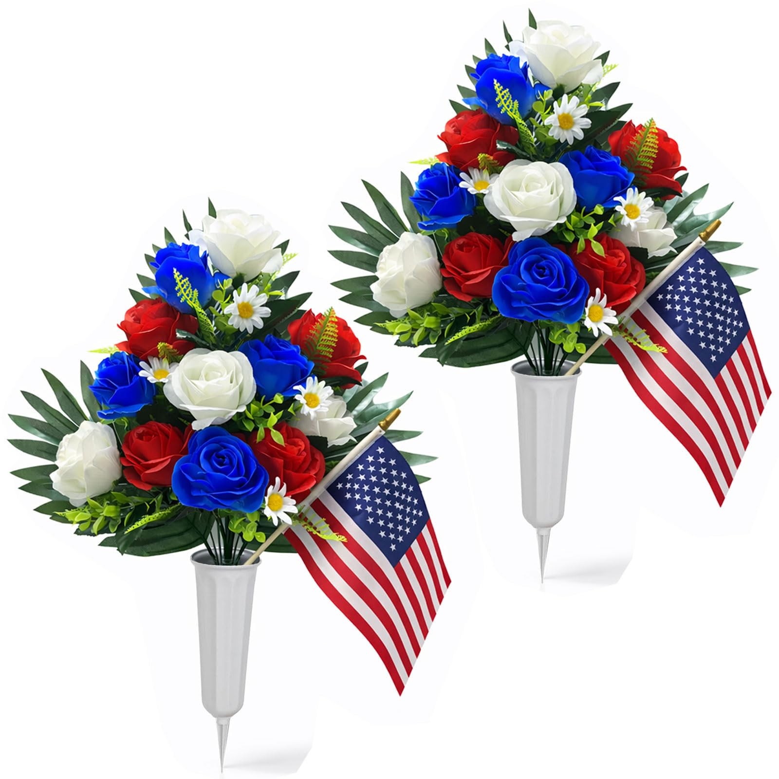 Memorial Day Flowers for Cemetery, 2 Sets Red White and Blue Grave Flowers fo…