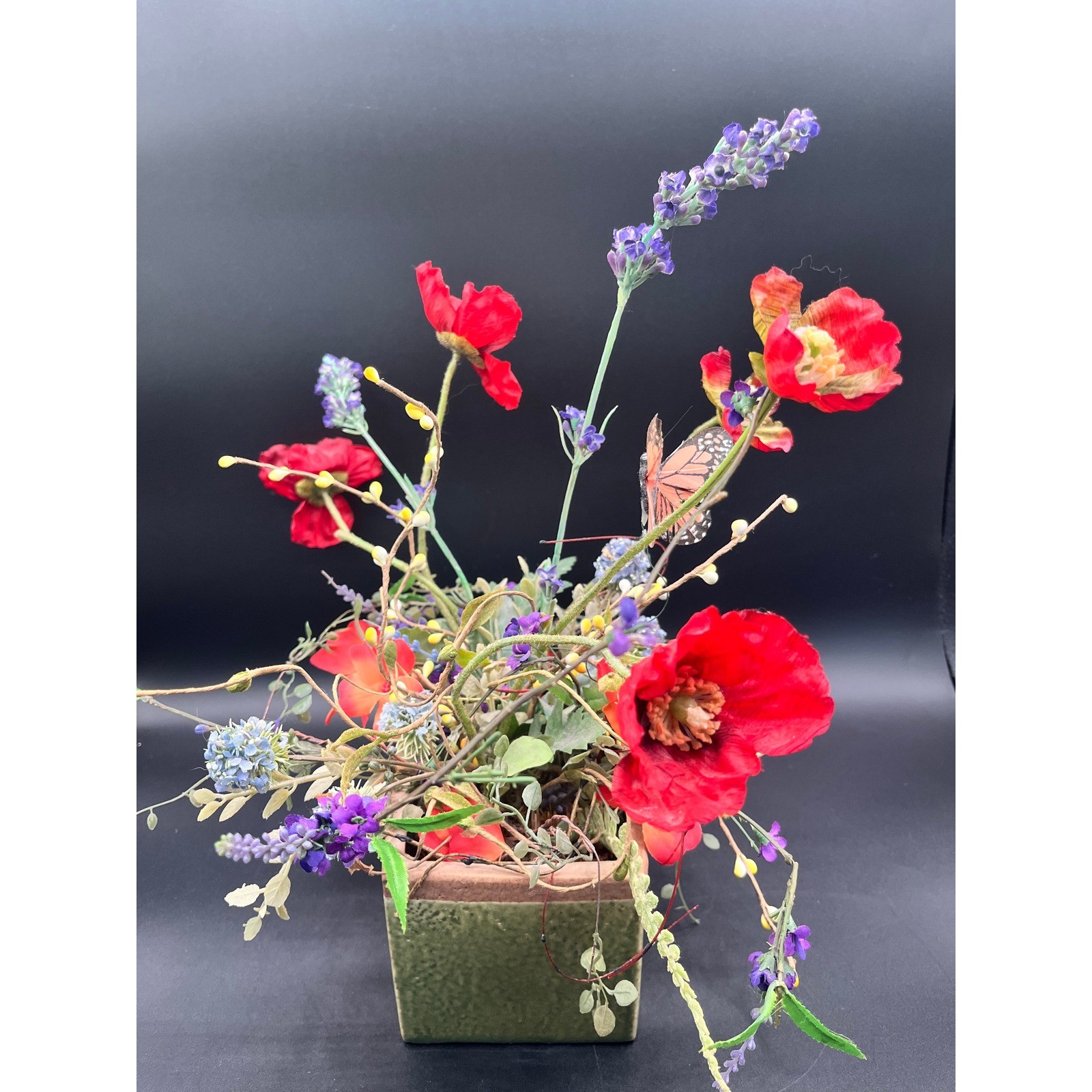Flower Arrangement Greenery Poppies Lavender Butterfly Rustic Green Ceramic Pot