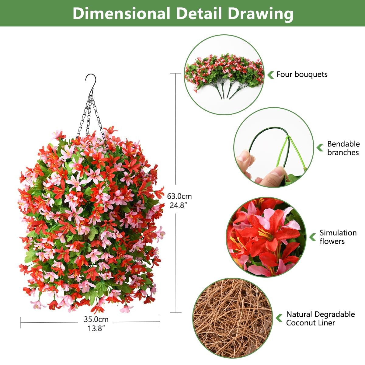 Artificial Hanging Flowers Decoration, 4pcs Fake Floral Basket Plants for Out…