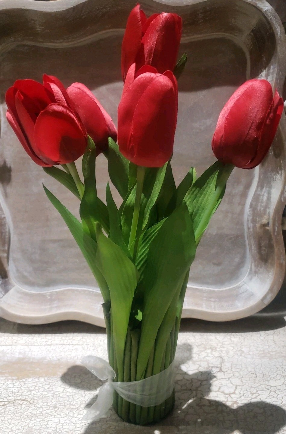 7 STEMS Red Tulips Green Display Faux Arrangement CENTERPIECE 15″ Tall
