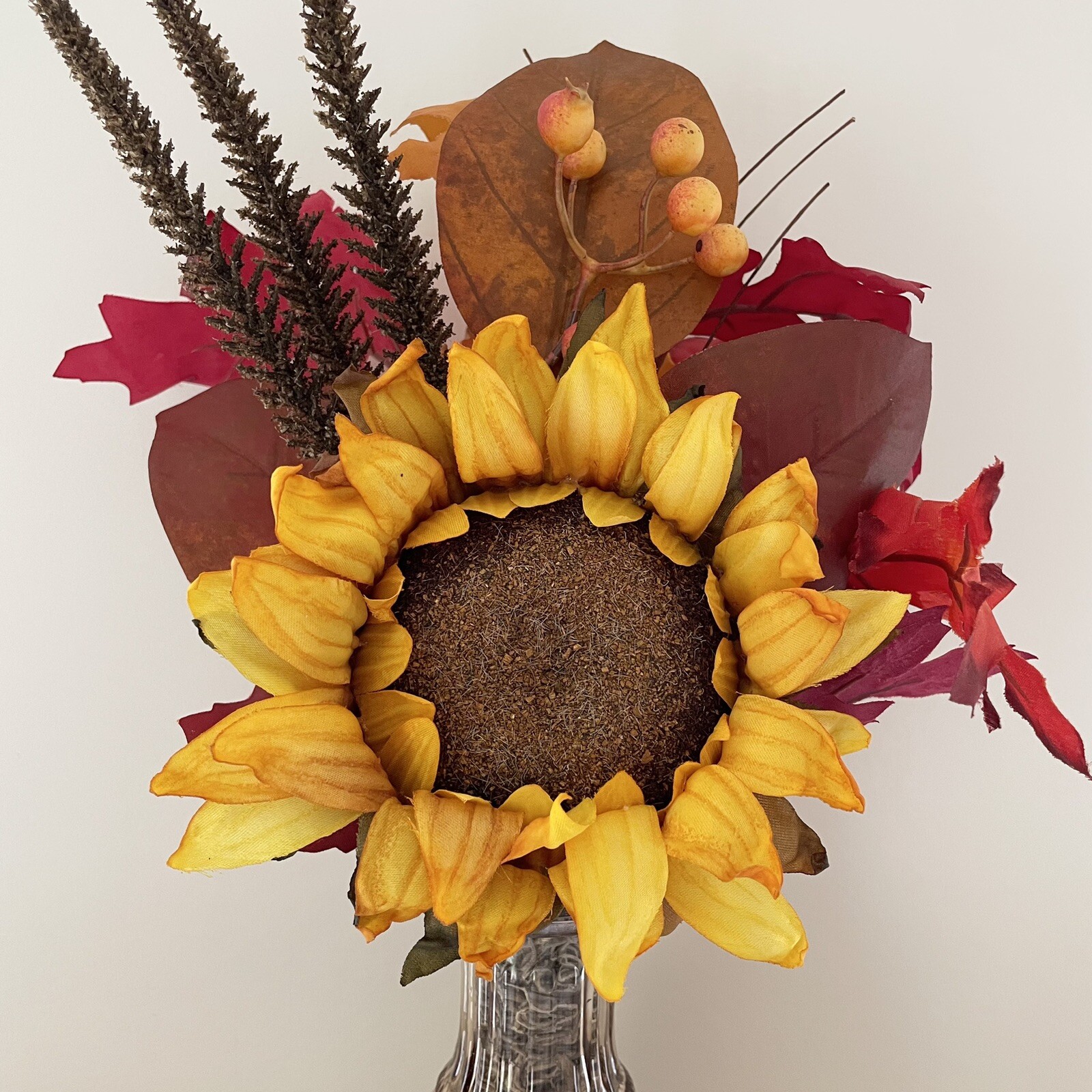 Handmade Artificial Sunflower Fall Leaves Arrangement in Amber Glass Vase