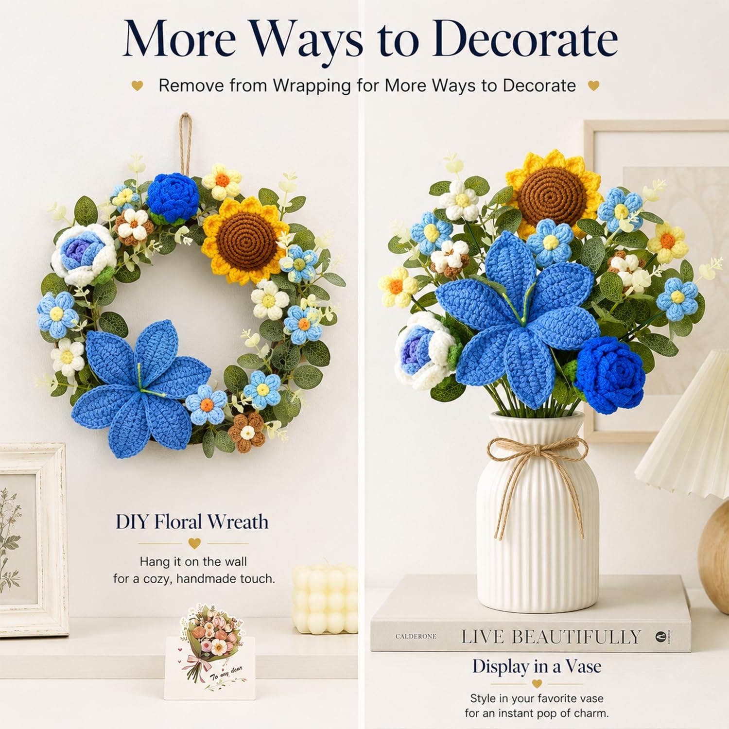 Crochet Flowers, Blue Crochet Flower Bouquet with 14 Knitted Flowers Sunflowe…