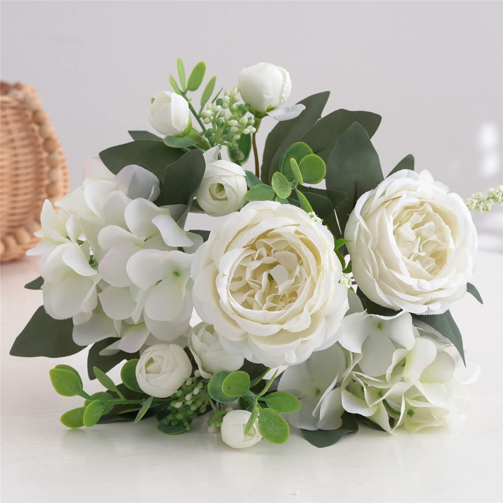 4 Bunches White Peonies Artificial Flowers Faux Roses Bouquet White Decor