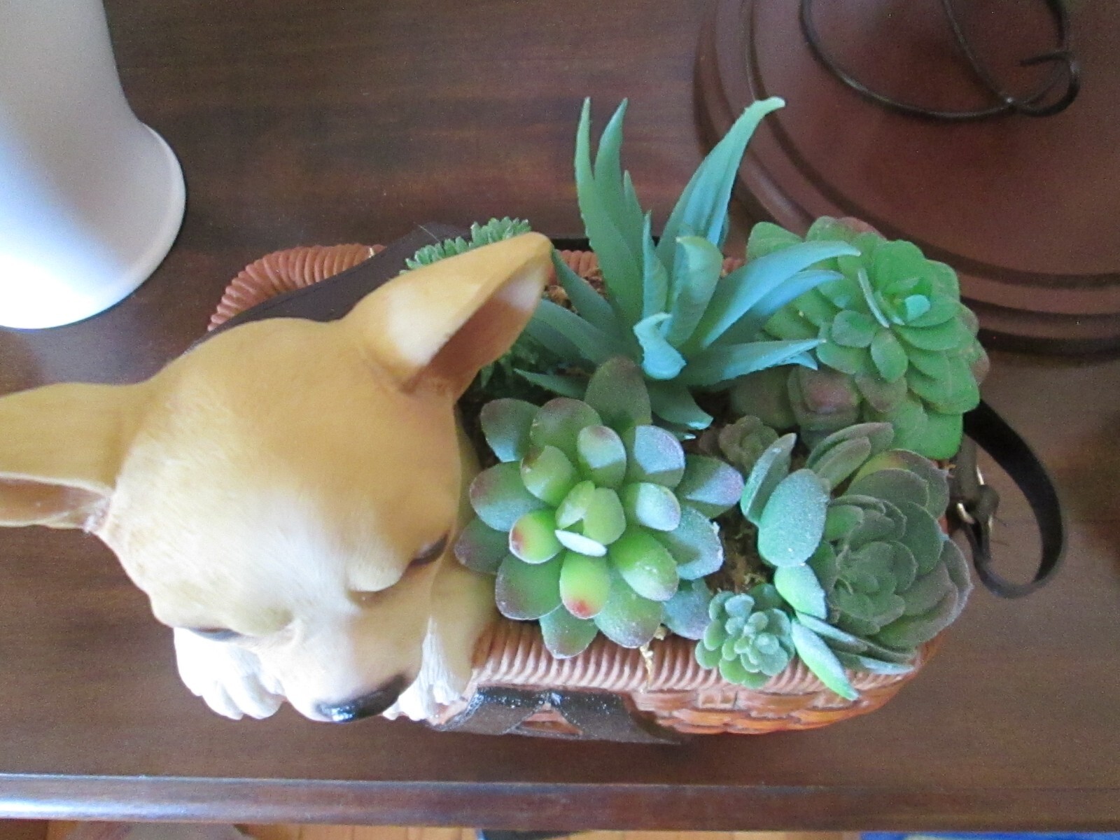 Chihuahua Dog Planter w Faux Succulents Ceramic Basket 7″ x 8″ room Decor